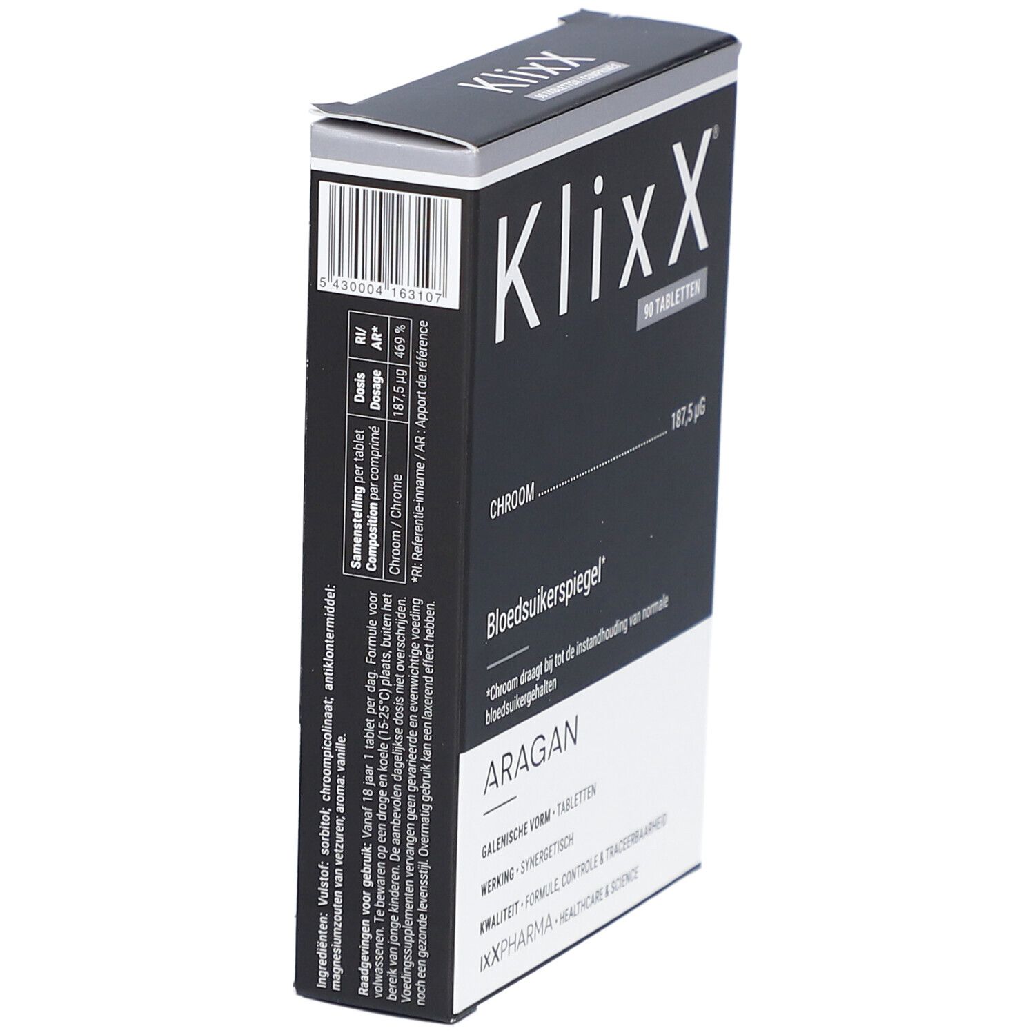 Schwarze rechteckige Verpackung mit weißer Schrift. Enthält 90 Tabletten. Aufschrift: Klixx, Chrom, Blutzuckerspiegel, Aragan.