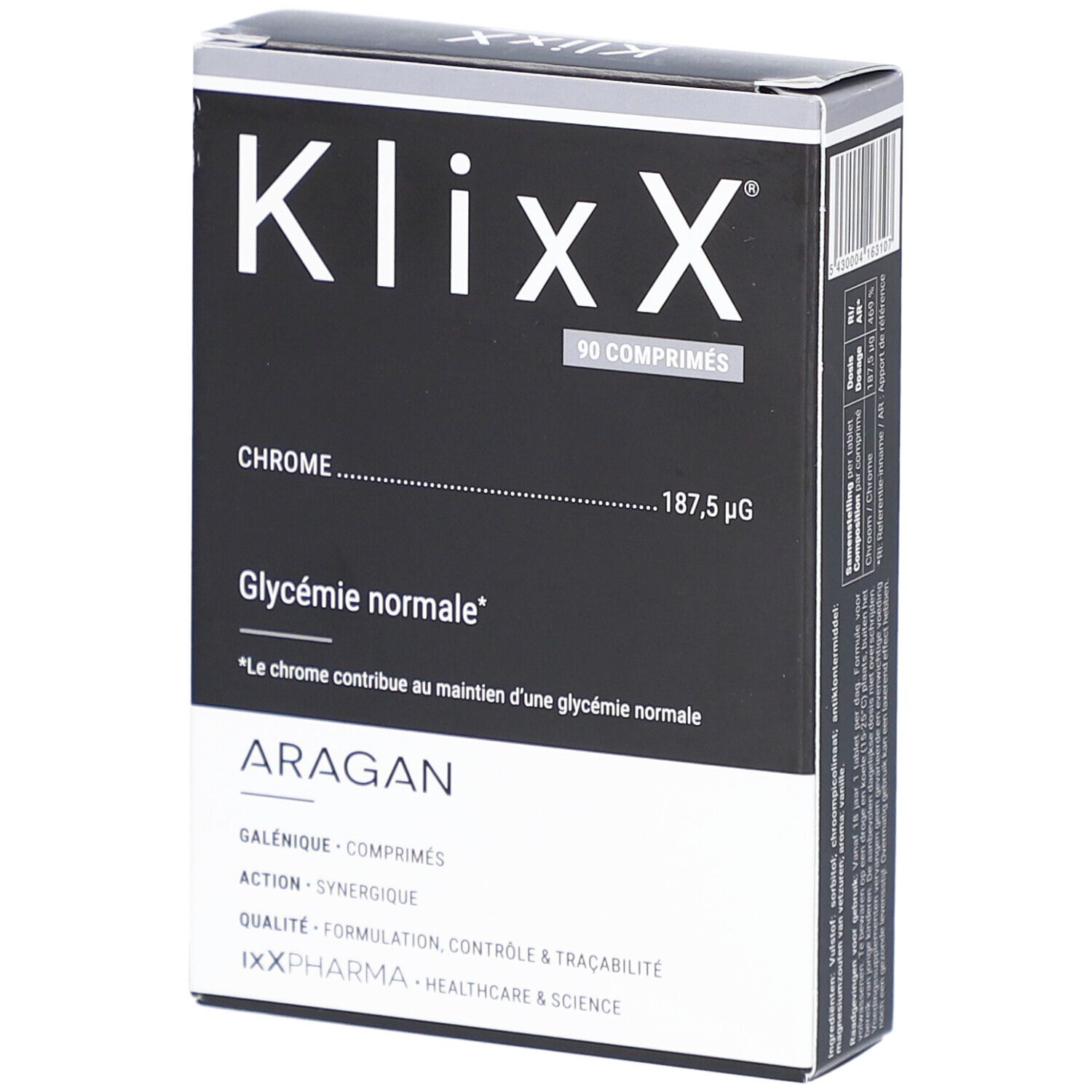 Schwarze rechteckige Verpackung mit weißer Schrift. Enthält 90 Tabletten. Aufschrift: Klixx, Chrom, Blutzuckerspiegel, Aragan.
