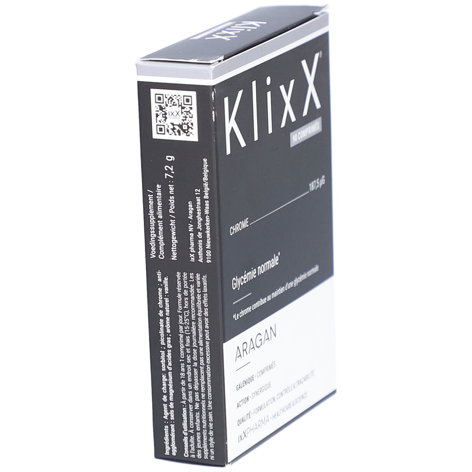 Schwarze rechteckige Verpackung mit weißer Schrift. Enthält 90 Tabletten. Aufschrift: Klixx, Chrom, Blutzuckerspiegel, Aragan.