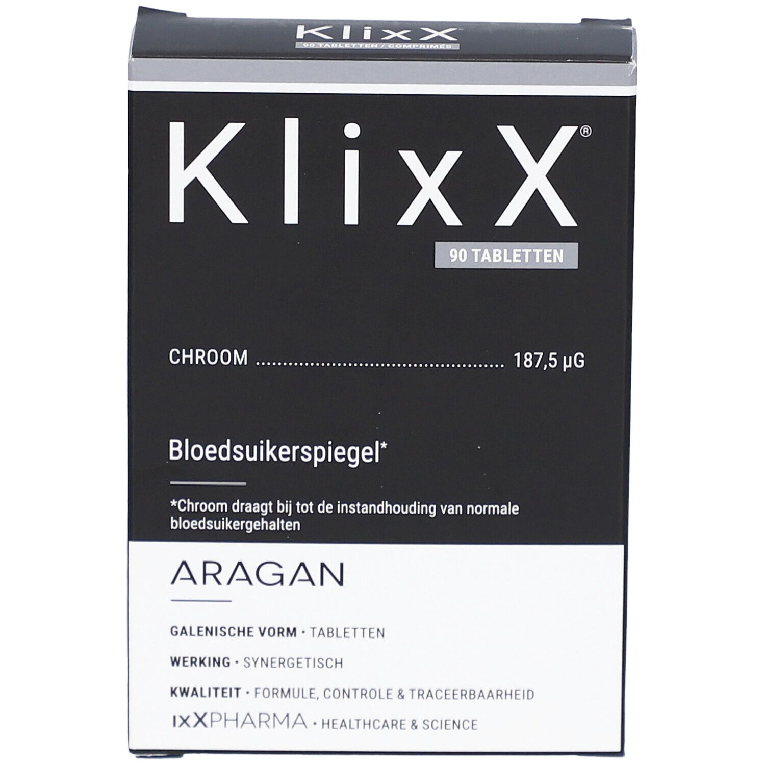 Schwarze rechteckige Verpackung mit weißer Schrift. Enthält 90 Tabletten. Aufschrift: Klixx, Chrom, Blutzuckerspiegel, Aragan.
