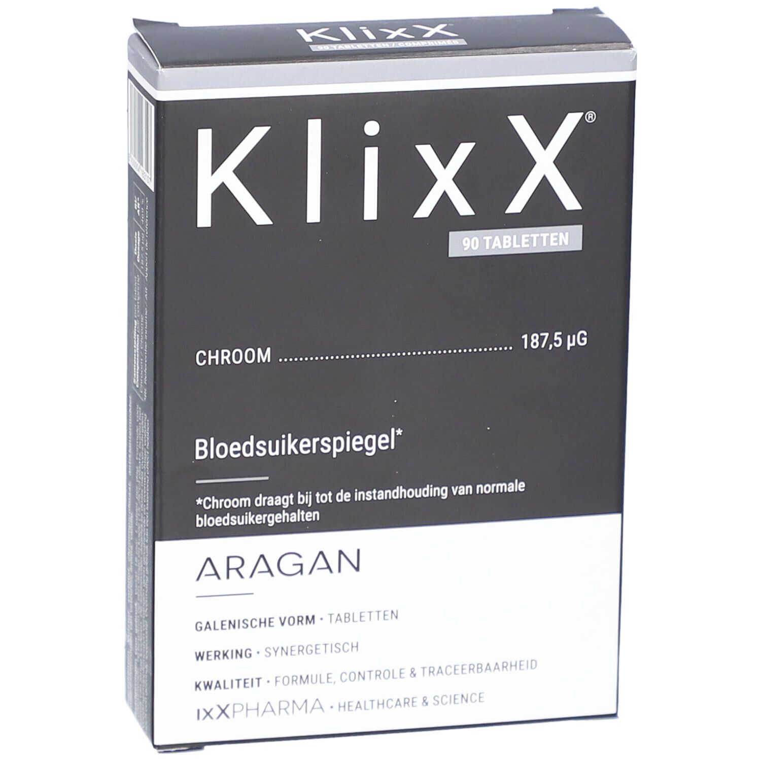 Schwarze rechteckige Verpackung mit weißer Schrift. Enthält 90 Tabletten. Aufschrift: Klixx, Chrom, Blutzuckerspiegel, Aragan.