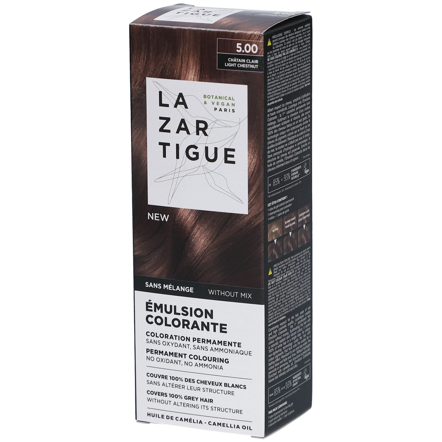 LAZARTIGUE Tönungsemulsion 5.00 Hellbraun. Karton mit Produktinformationen und Farbtonbeispiel. Botanisch & Vegan.