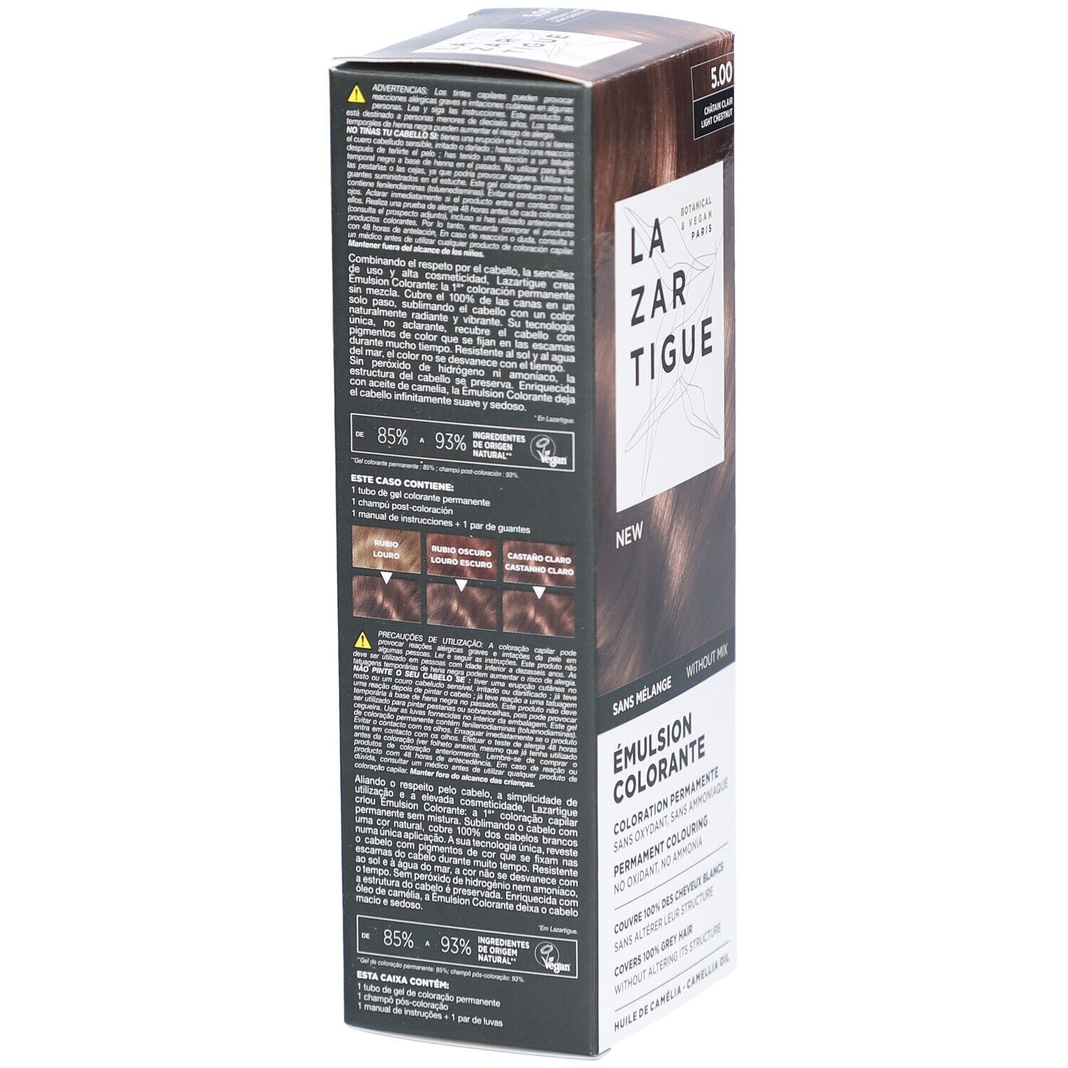 LAZARTIGUE Tönungsemulsion 5.00 Hellbraun. Rückseite der Verpackung mit Produktinformationen. Botanisch & Vegan.