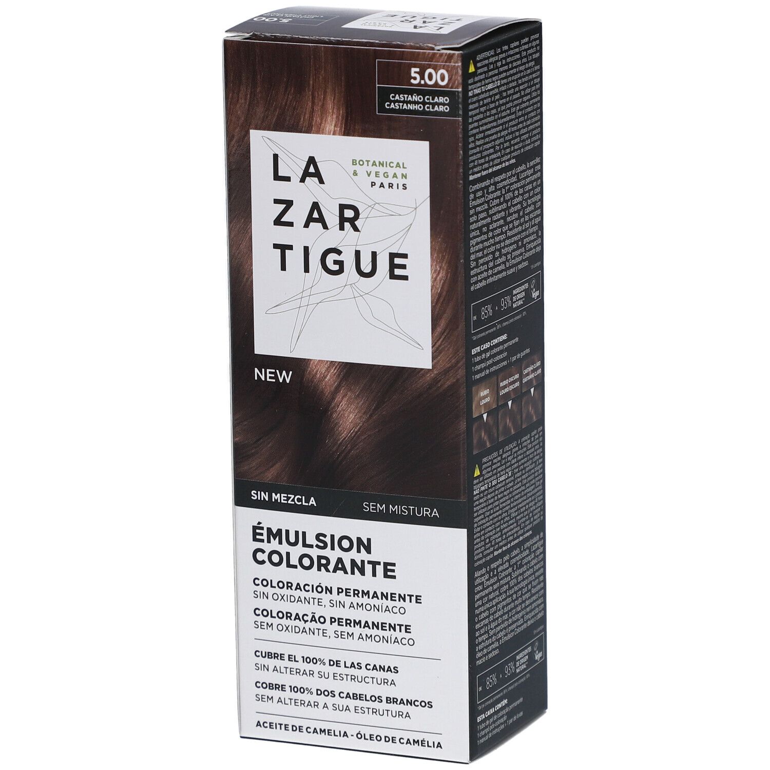 LAZARTIGUE Tönungsemulsion 5.00 Hellbraun. Verpackung mit Produktinformationen und Farbtonbeispiel. Botanisch & Vegan.
