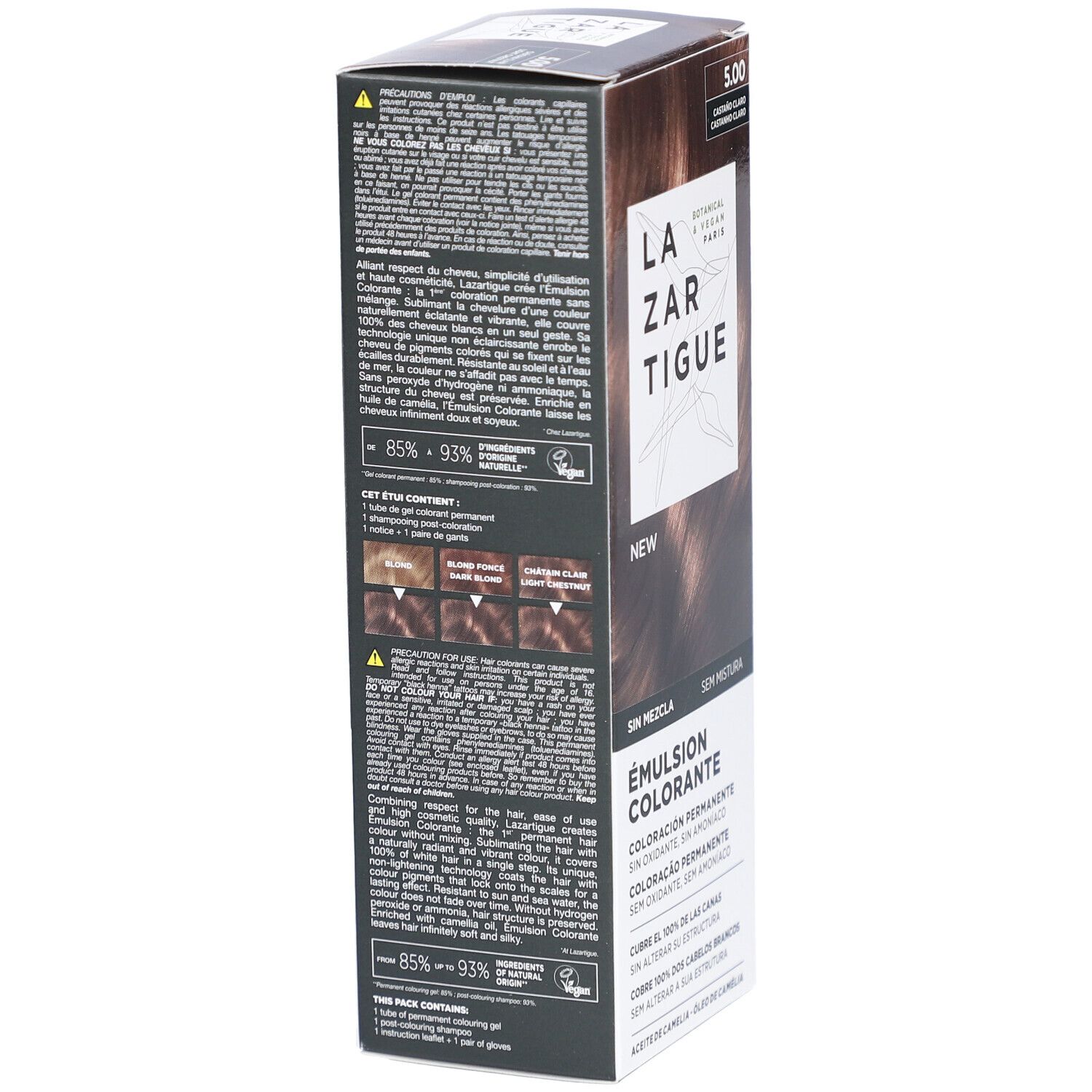 LAZARTIGUE Tönungsemulsion 5.00 Hellbraun. Rückseite der Verpackung mit Produktinformationen. Botanisch & Vegan.