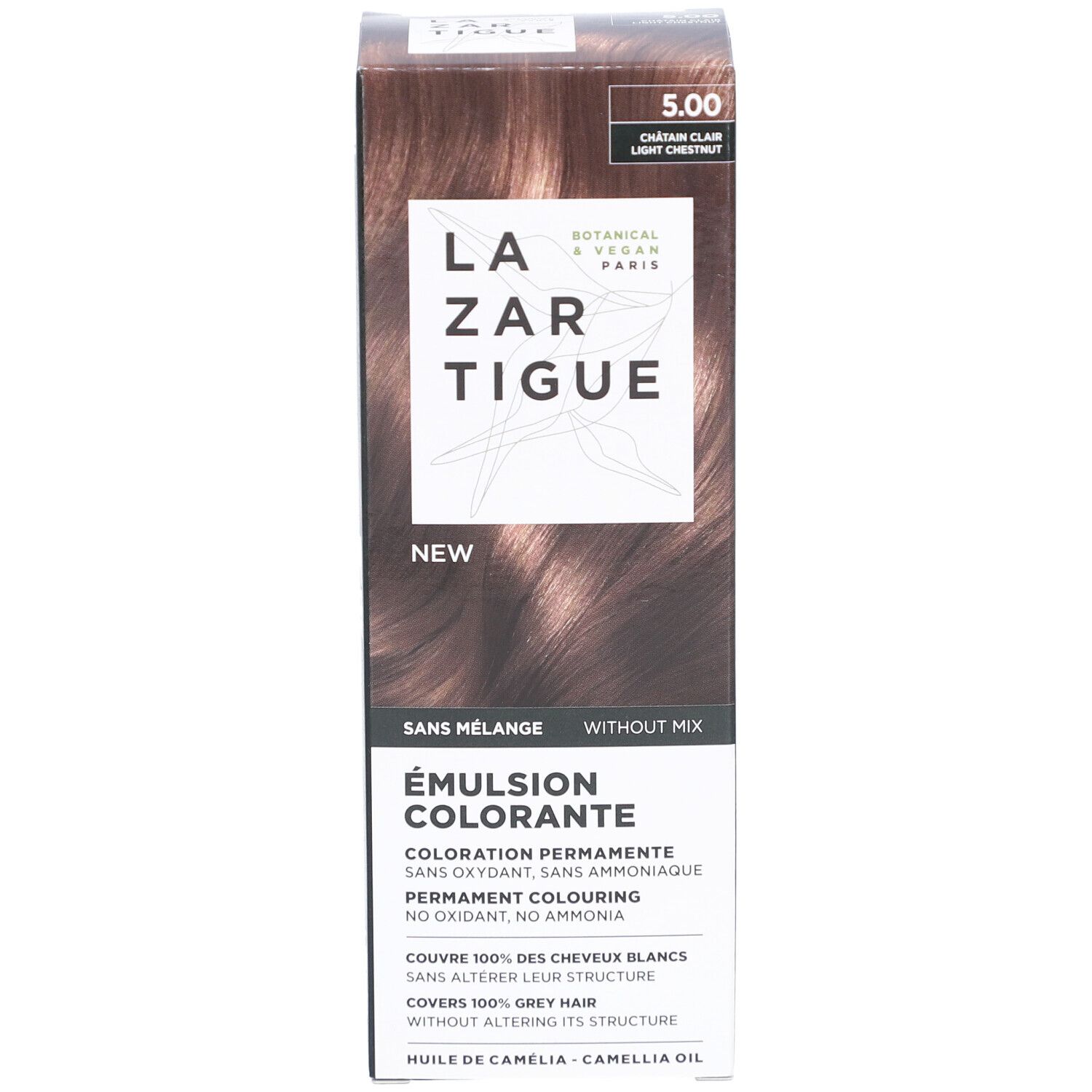 LAZARTIGUE Tönungsemulsion 5.00 Hellbraun. Verpackung mit Produktinformationen und Farbtonbeispiel. Botanisch & Vegan.