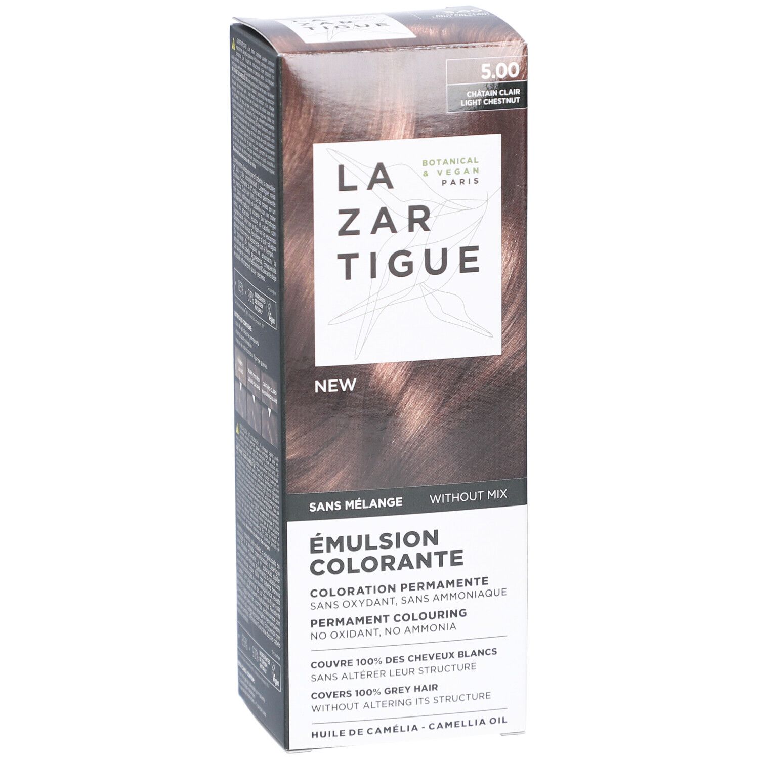 LAZARTIGUE Tönungsemulsion 5.00 Hellbraun. Verpackung mit Produktinformationen und Farbtonbeispiel. Botanisch & Vegan.