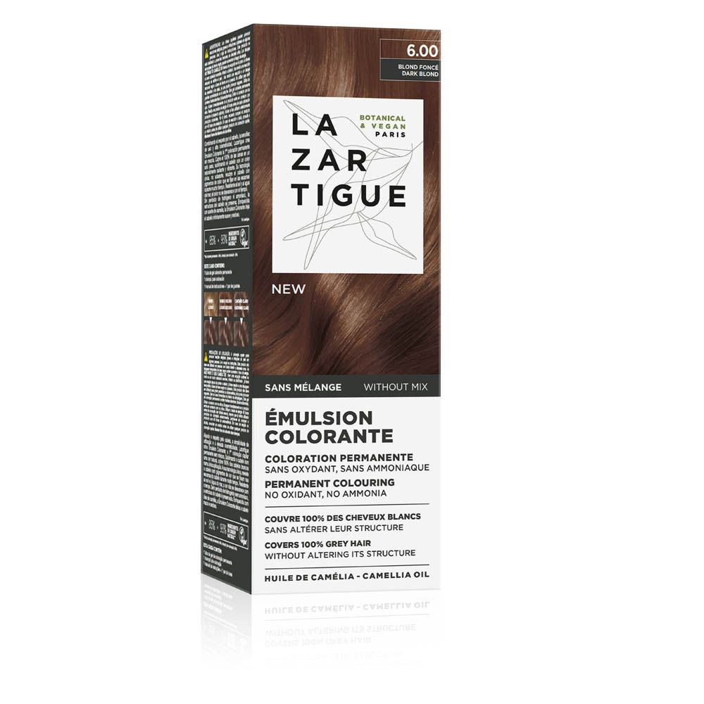 LAZARTIGUE Émulsion colorante. Boîte avec informations produit. Inscription: 6.00, Blonde foncé, Dark blonde. Botanique & Vegan Paris.