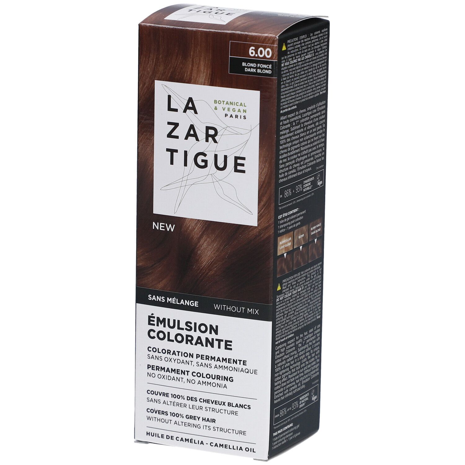 LAZARTIGUE Färbende Emulsion. Karton mit Produktinformationen. Aufschrift: 6.00, Blonde foncé, Dark blonde. Botanisch & Vegan Paris.