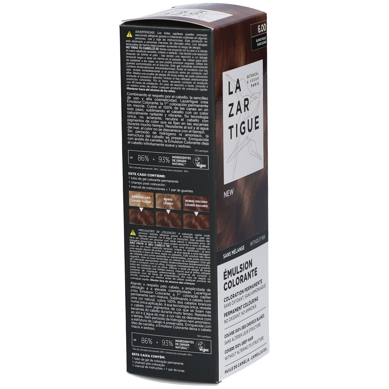 LAZARTIGUE Färbende Emulsion. Karton mit Produktinformationen. Aufschrift: 6.00, Blonde foncé, Dark blonde. Botanisch & Vegan Paris.