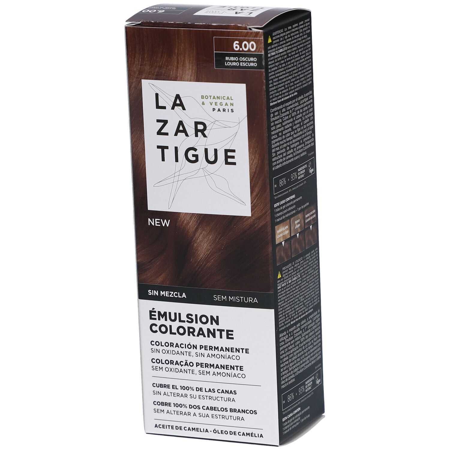 LAZARTIGUE Färbende Emulsion. Karton mit Produktinformationen. Aufschrift: 6.00, Brun foncé, Dark brown. Botanisch & Vegan Paris.