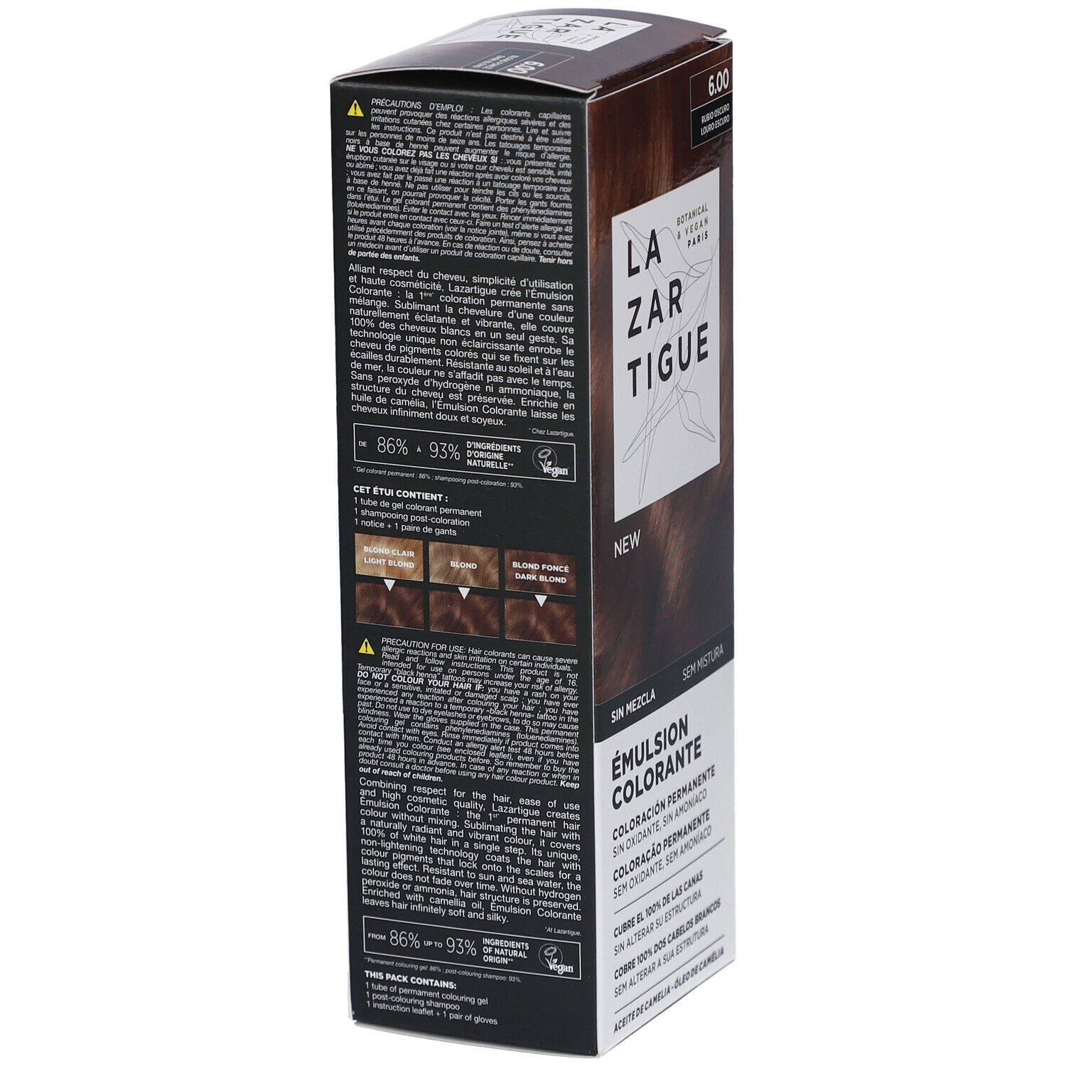 LAZARTIGUE Färbende Emulsion. Karton mit Produktinformationen. Aufschrift: 6.00, Blonde foncé, Dark blonde. Botanisch & Vegan Paris.