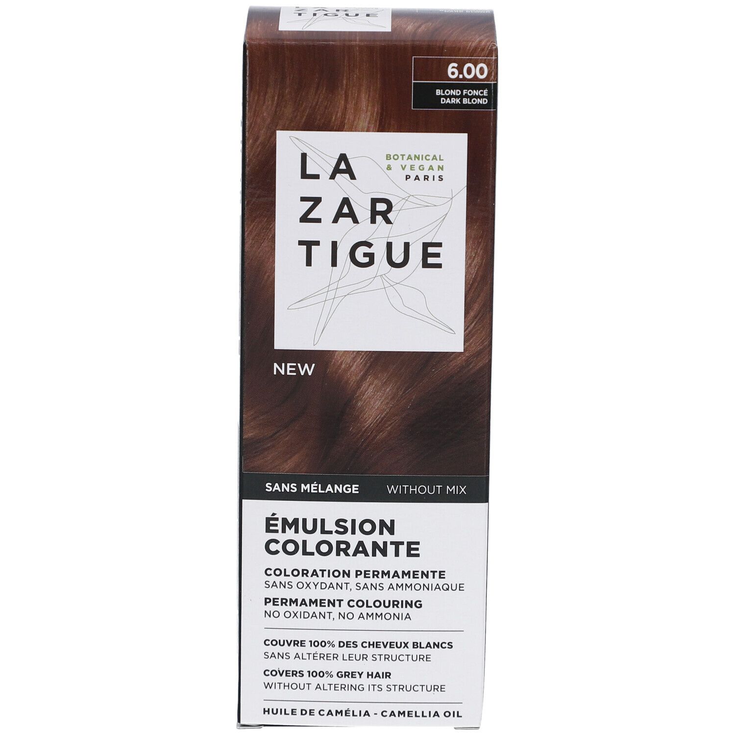 LAZARTIGUE Färbende Emulsion. Karton mit Produktinformationen. Aufschrift: 6.00, Blonde foncé, Dark blonde. Botanisch & Vegan Paris.