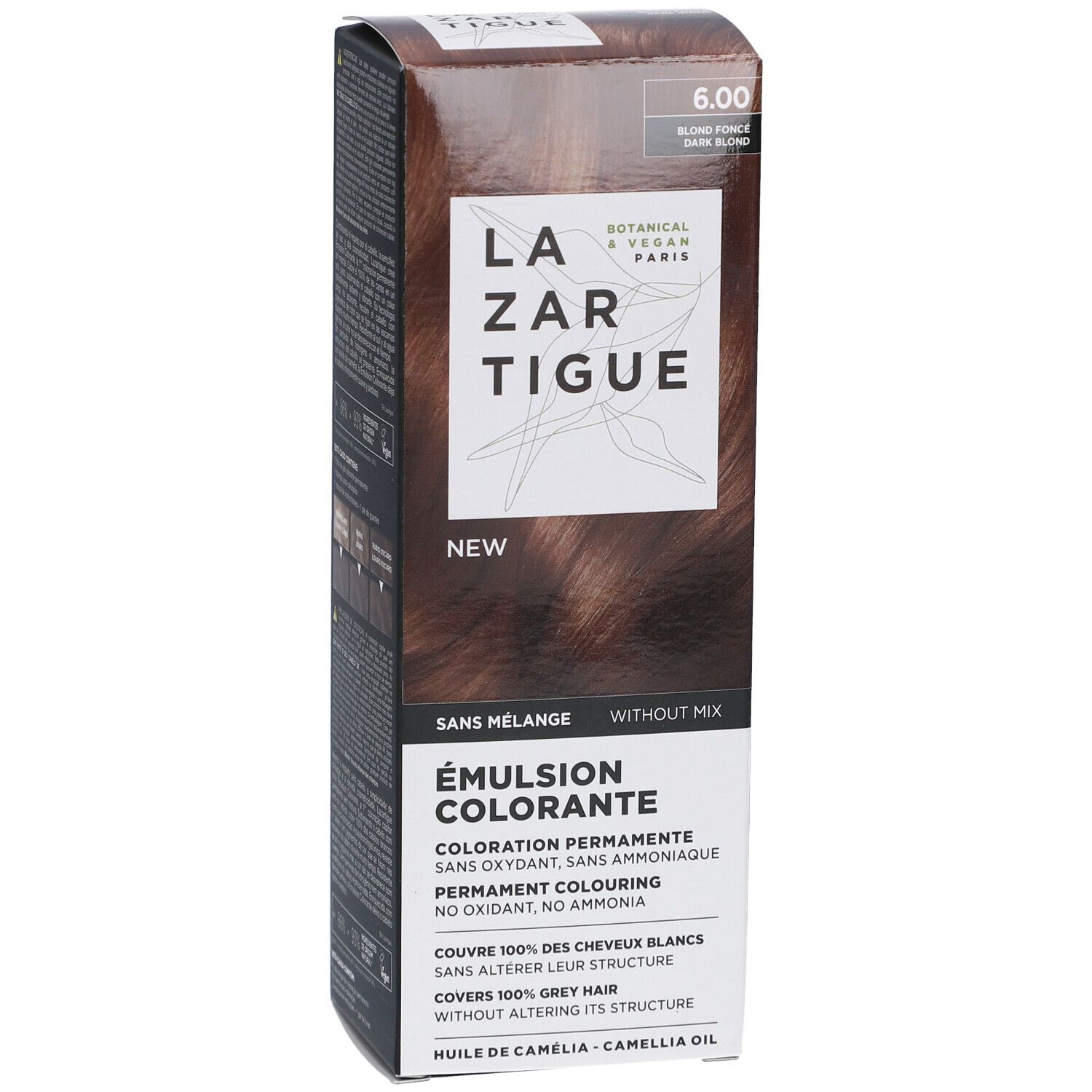 LAZARTIGUE Färbende Emulsion. Karton mit Produktinformationen. Aufschrift: 6.00, Blonde foncé, Dark blonde. Botanisch & Vegan Paris.