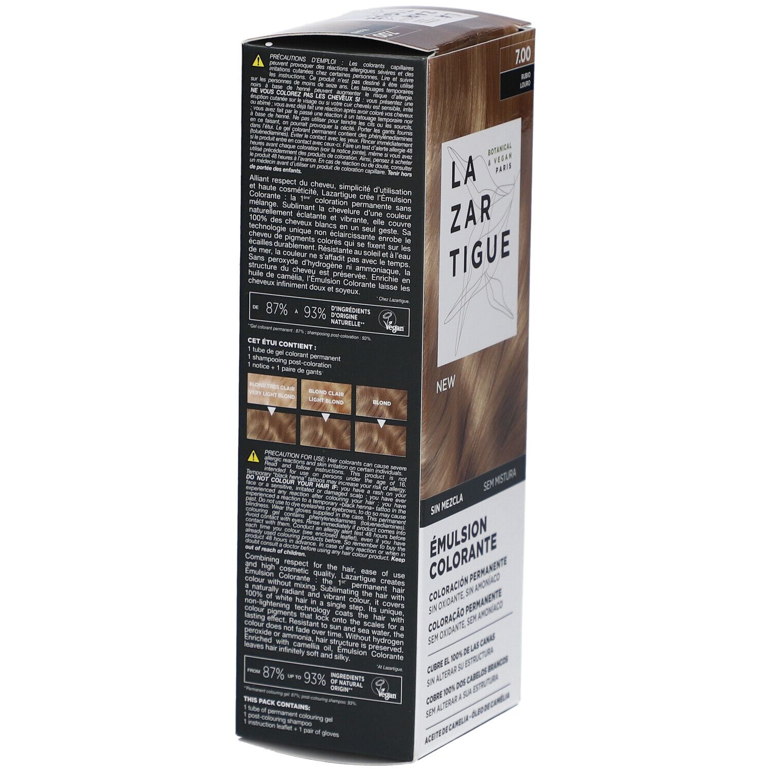 LAZARTIGUE Färbende Emulsion. Verpackung mit Produktinformationen. Rückseite mit Text und Farbvergleich.