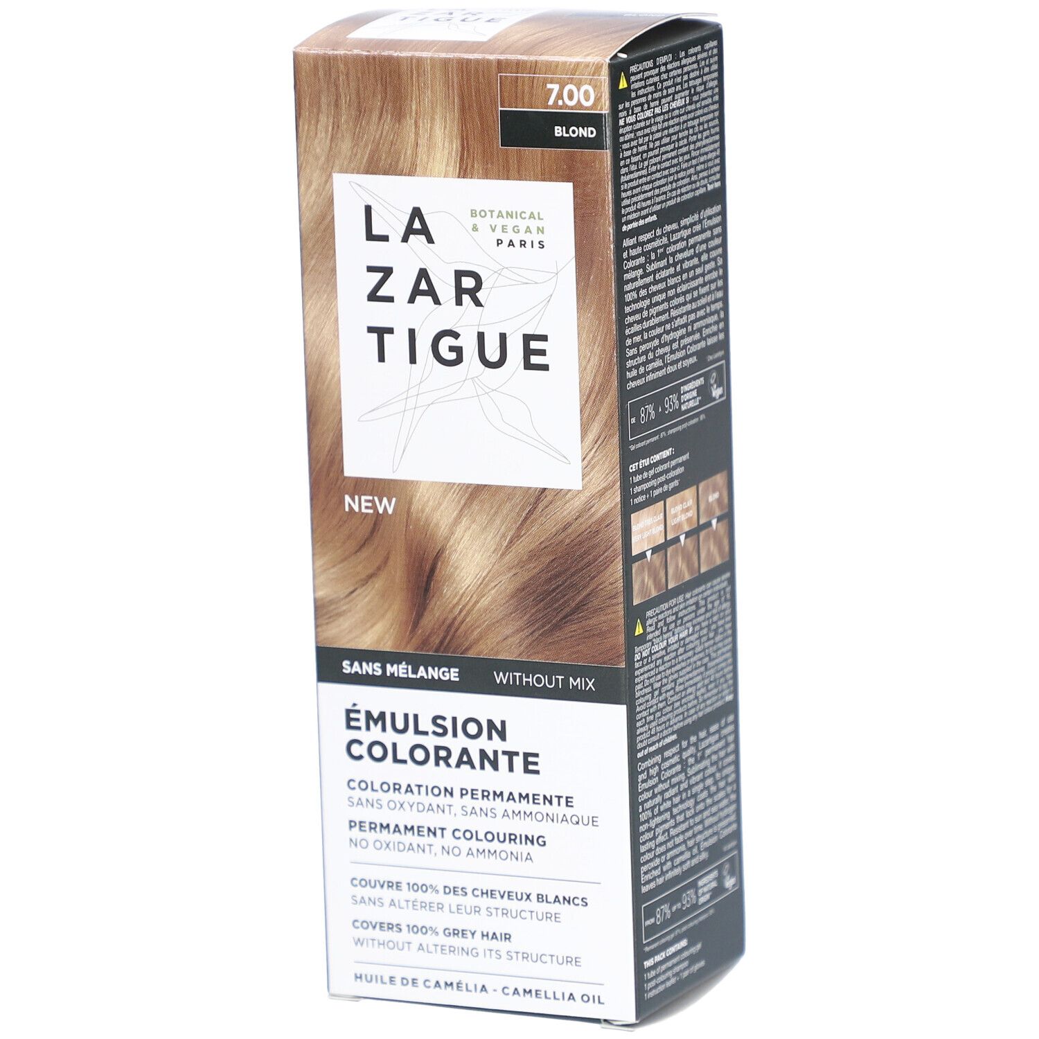 LAZARTIGUE Färbende Emulsion. Verpackung mit Produktinformationen. Farbton 7.00. Blond. Botanisch & Vegan.