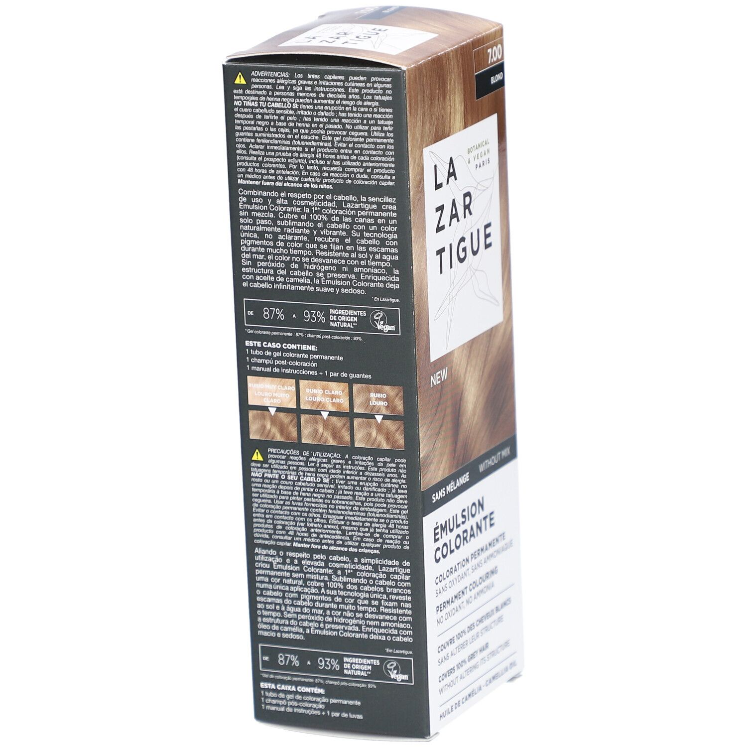 LAZARTIGUE Färbende Emulsion. Verpackung mit Produktinformationen. Rückseite mit Text und Farbvergleich.