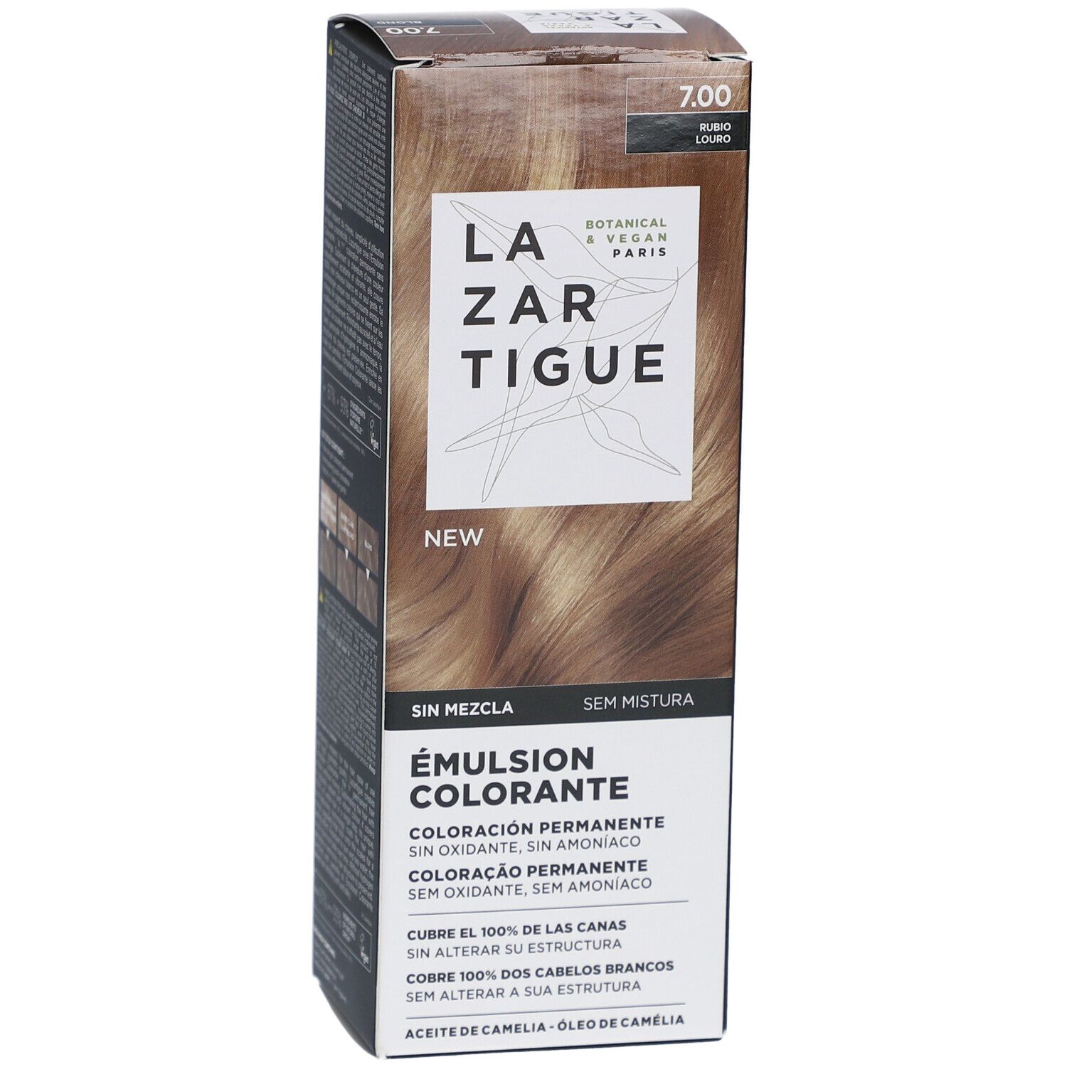LAZARTIGUE Färbende Emulsion. Verpackung mit Produktinformationen. Farbton 7.00. Botanisch & Vegan.