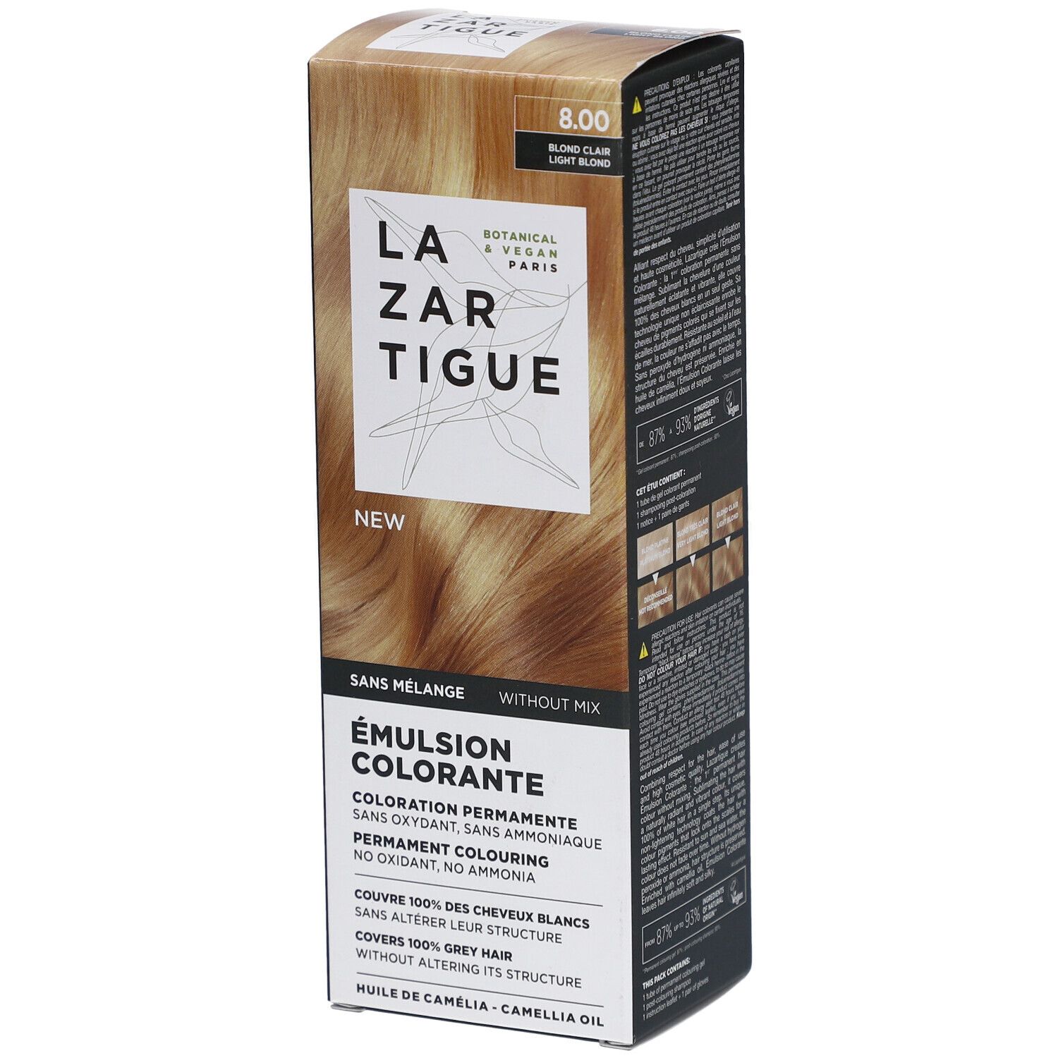 LAZARTIGUE Färbende Emulsion. Karton mit Produktabbildung. Text: 8.00 Blond Clair. Ohne Mischung. Botanisch & Vegan Paris.