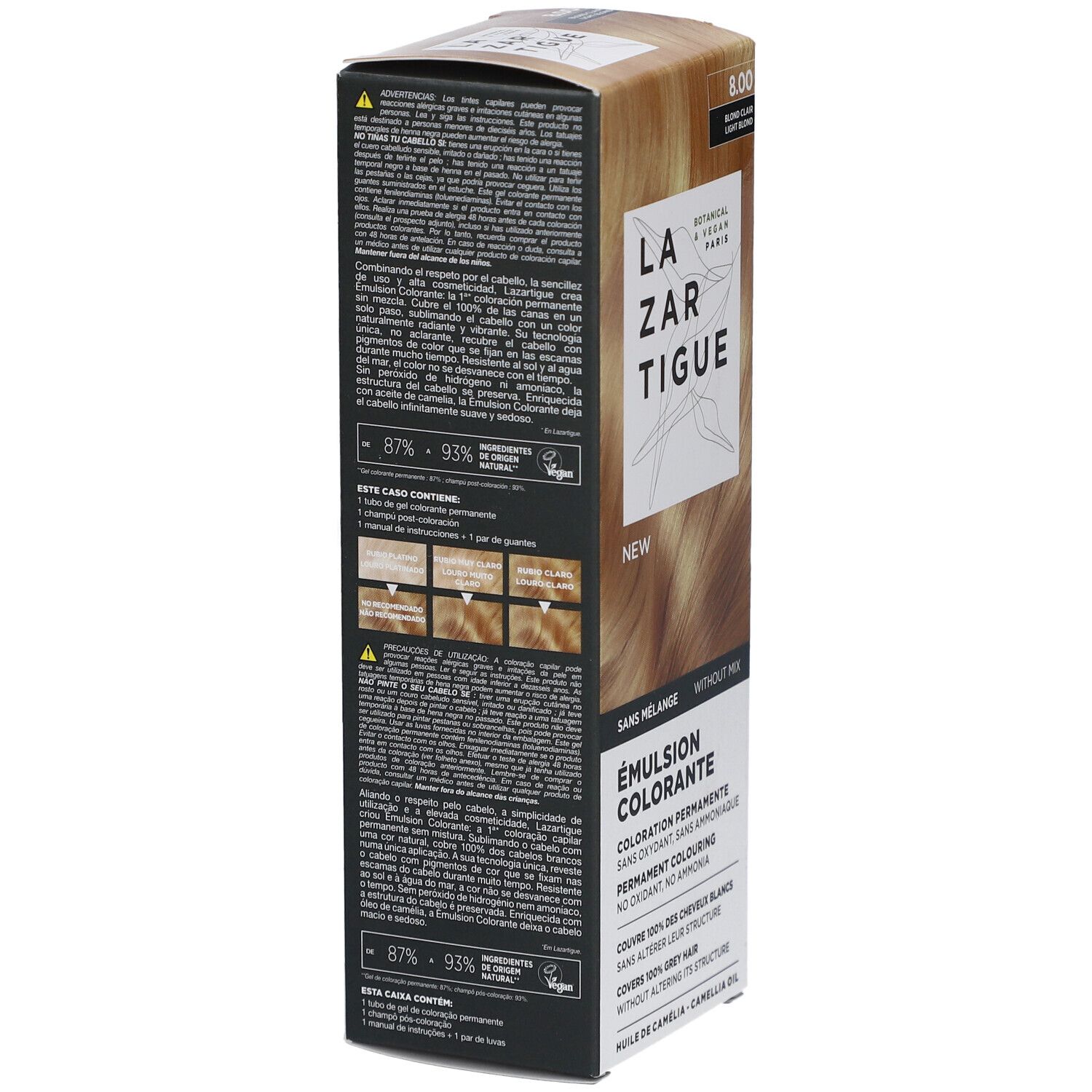 LAZARTIGUE Färbende Emulsion. Karton, Seitenansicht. Text: 8.00 Blond Clair. Ohne Mischung. Botanisch & Vegan Paris. Inhaltsstoffe.