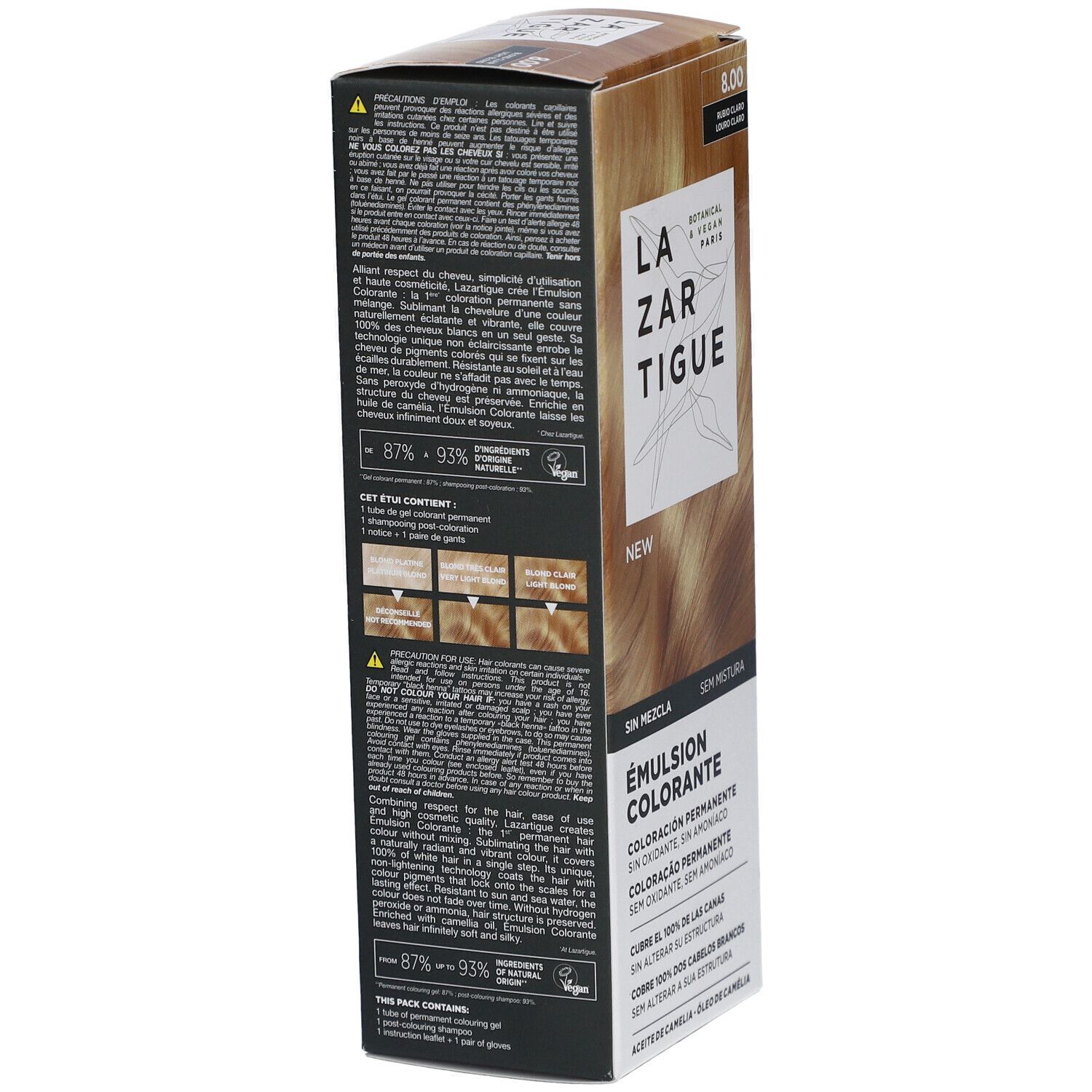 LAZARTIGUE Färbende Emulsion. Karton, Seitenansicht. Text: 8.00 Blond Clair. Ohne Mischung. Botanisch & Vegan Paris. Inhaltsstoffe.