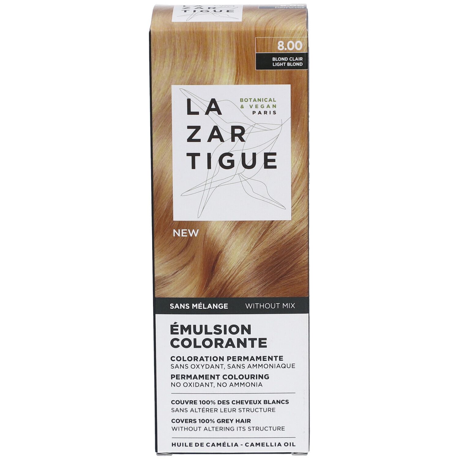 LAZARTIGUE Färbende Emulsion. Karton mit Produktabbildung. Text: 8.00 Blond Clair. Ohne Mischung. Botanisch & Vegan Paris.