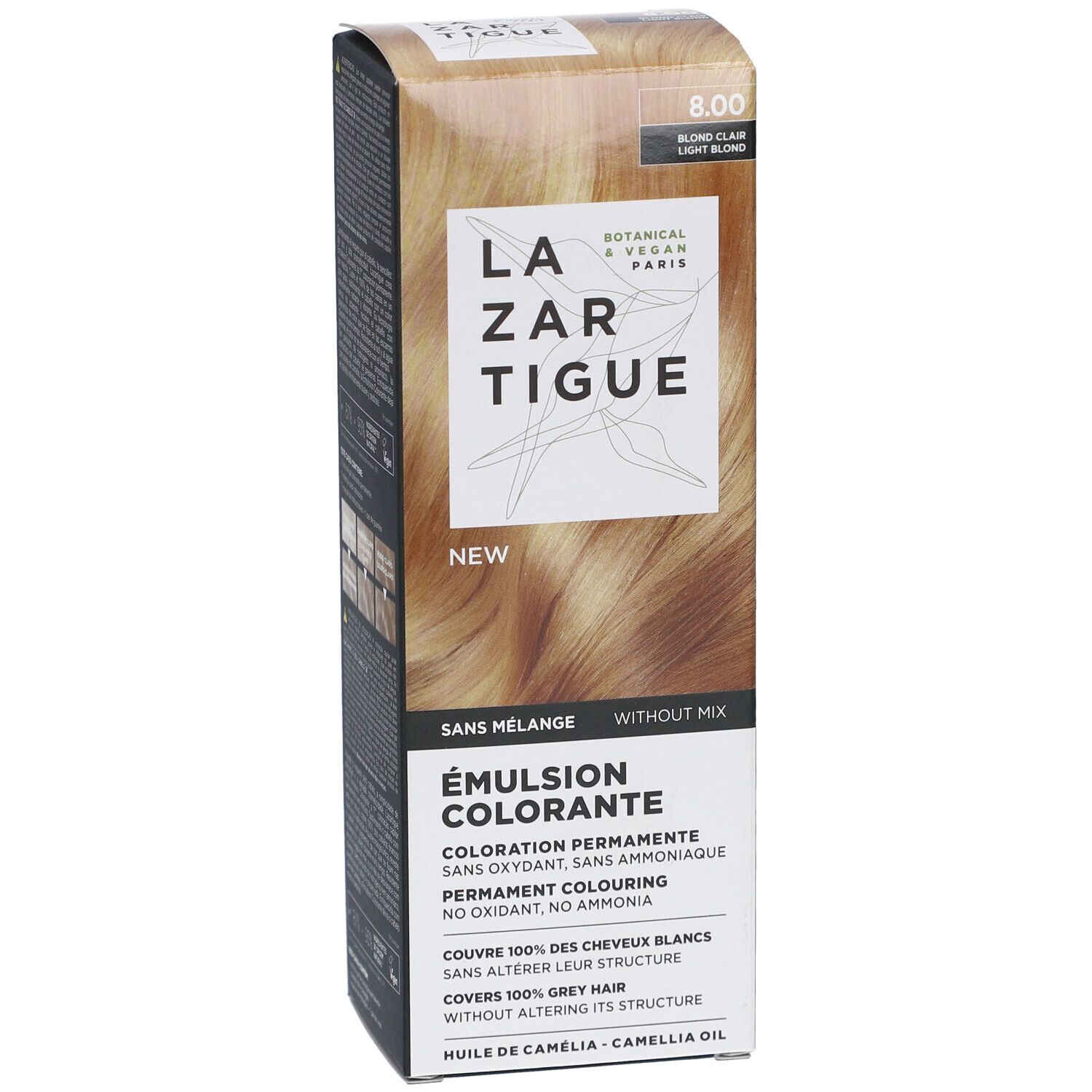 LAZARTIGUE Färbende Emulsion. Karton mit Produktabbildung. Text: 8.00 Blond Clair. Ohne Mischung. Botanisch & Vegan Paris.