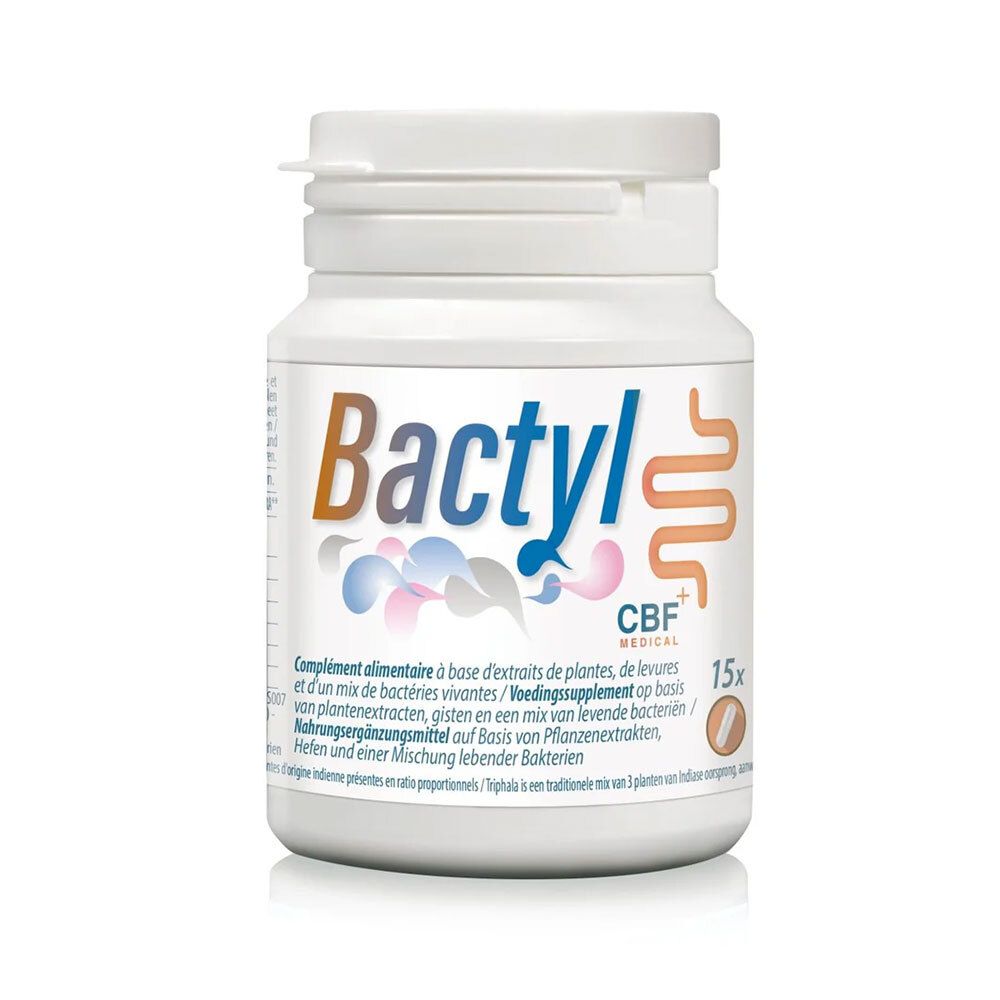 Flacon blanc avec logo "Bactyl" et CBF Medical. Contient 15x. Texte en français, néerlandais et allemand.