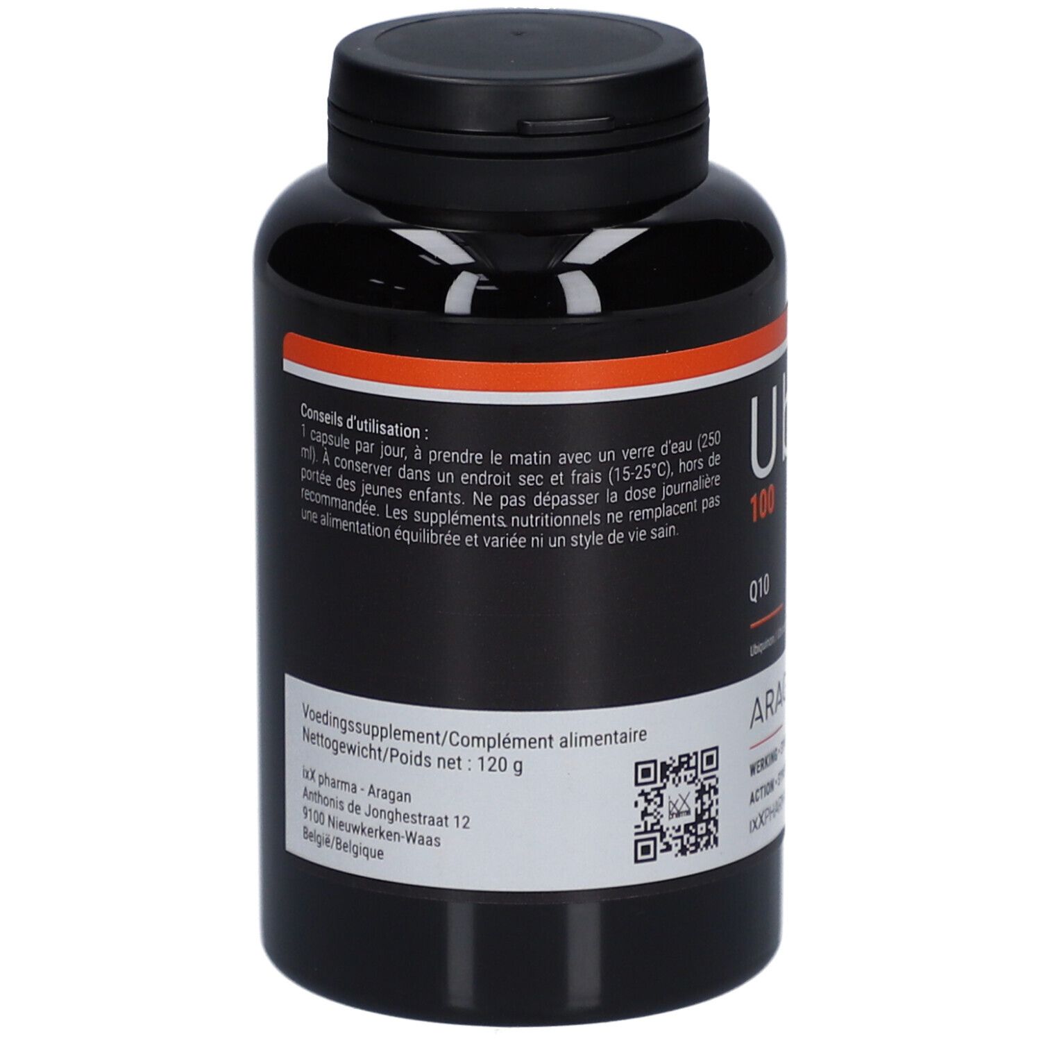 Schwarze Flasche UbixX 100. Aufschrift Q10, 120 g. Marke ARAGAN. Mit QR-Code und Text.