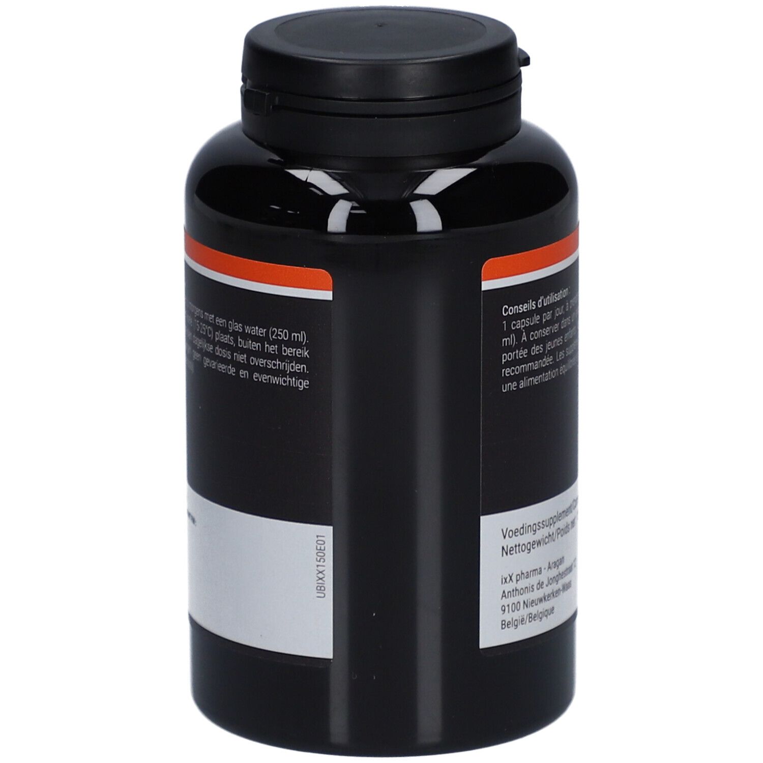 Schwarze Flasche UbixX 100. Aufschrift Q10. Text und QR-Code. Schwarzer Deckel.