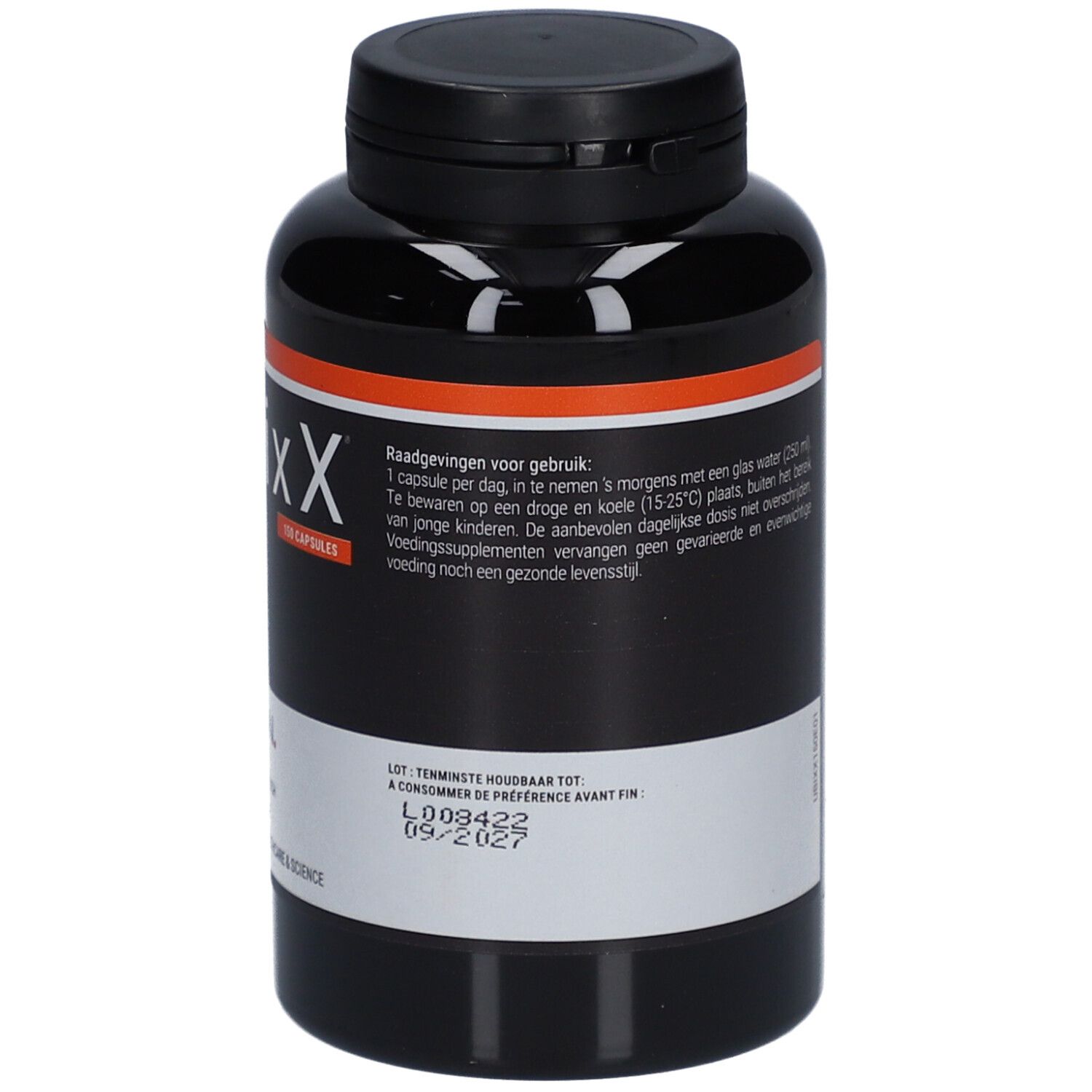 Schwarze Flasche UbixX 100. Aufschrift Q10, 150 Kapseln. Text und QR-Code. Schwarzer Deckel.