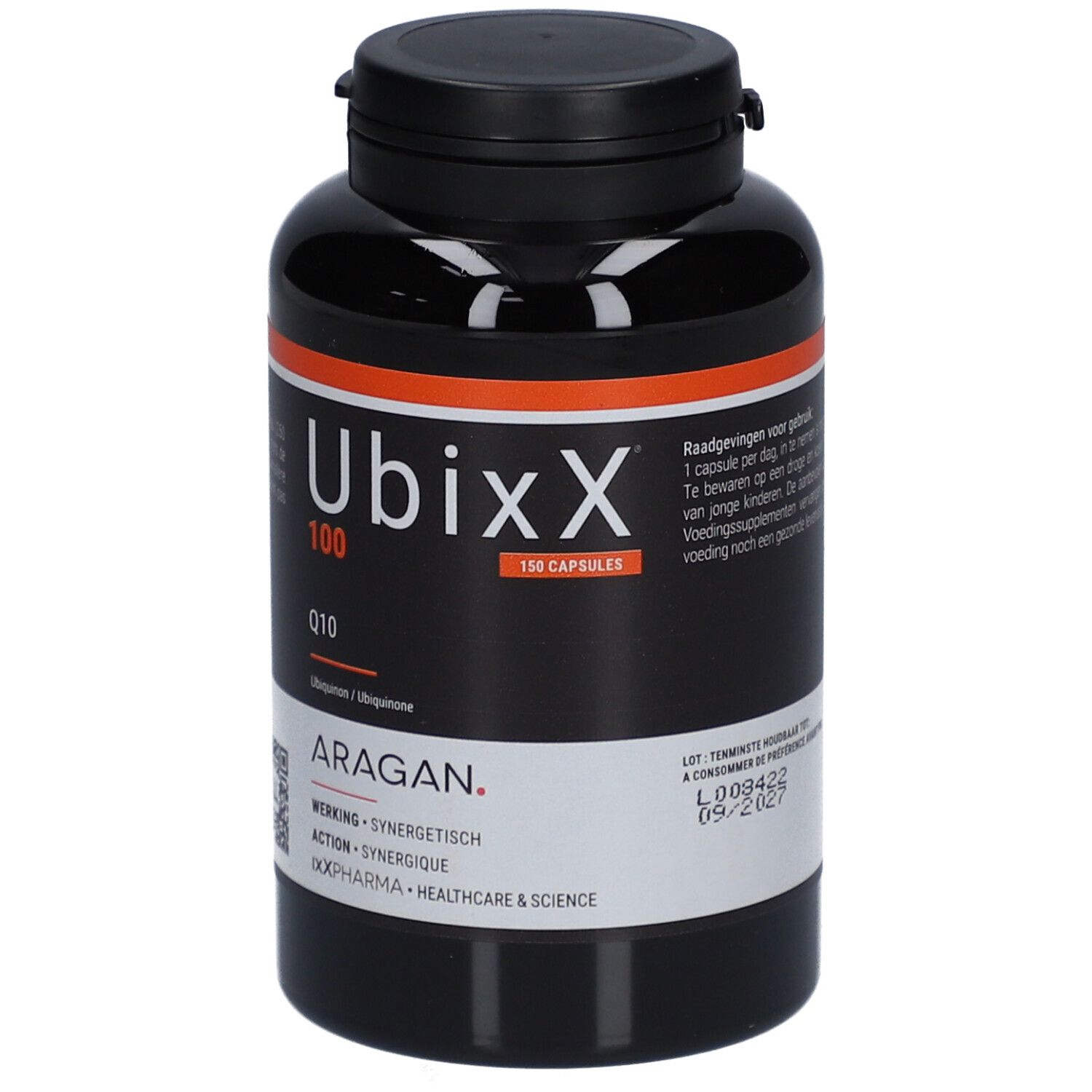 Schwarze Flasche UbixX 100. Aufschrift Q10, 150 Kapseln. Marke ARAGAN. Schwarzer Deckel.