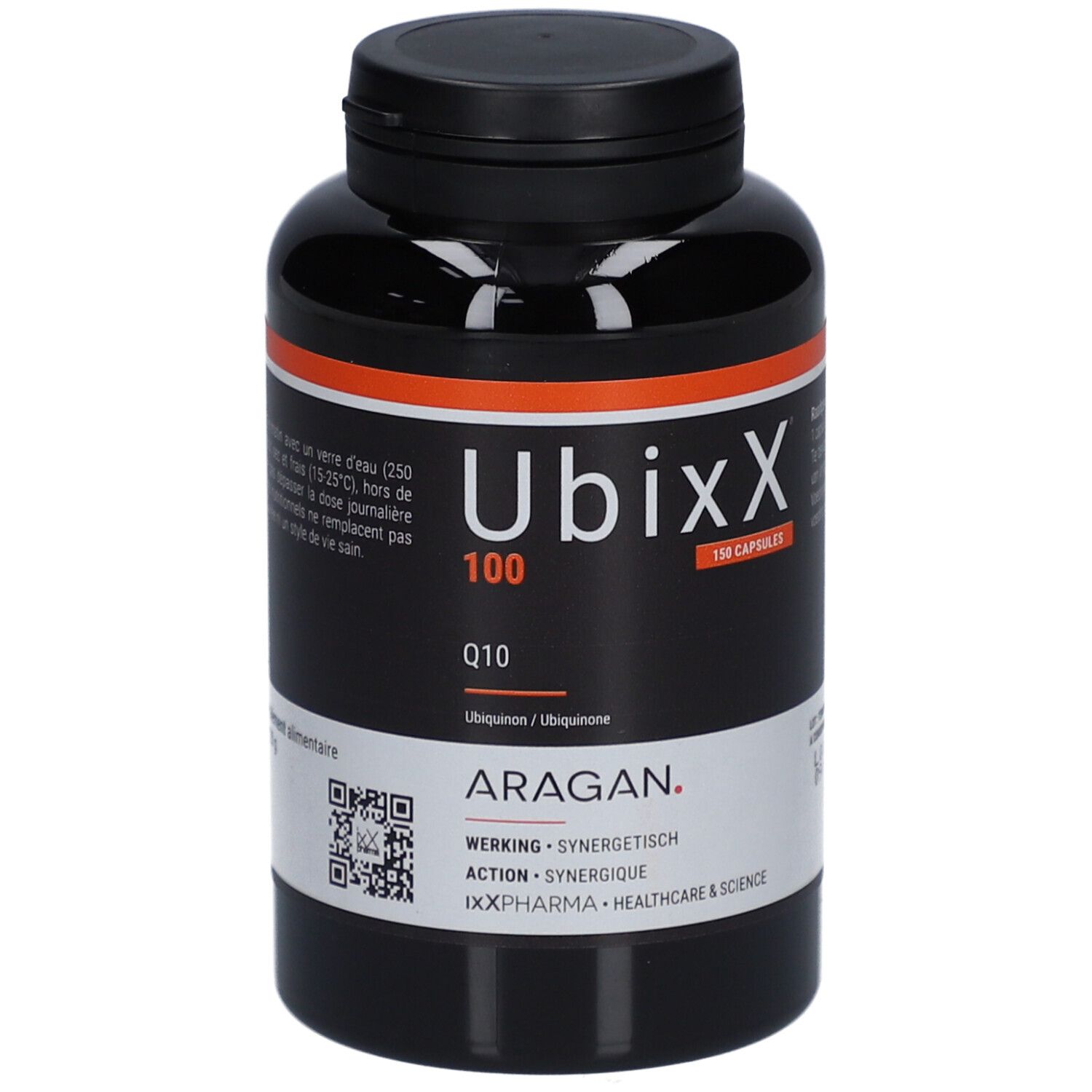 Schwarze Flasche UbixX 100. Aufschrift Q10, 150 Kapseln. Marke ARAGAN. Schwarzer Deckel.