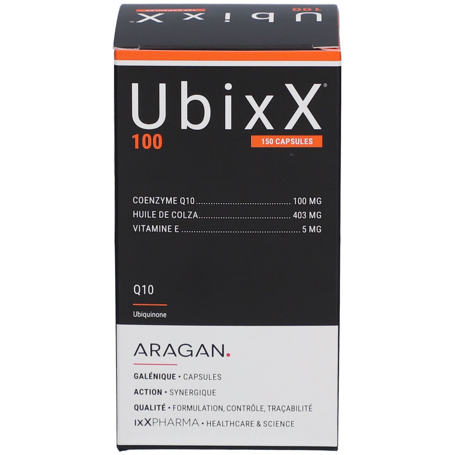 UbixX 100 Packung. Aufschrift Q10, 150 Kapseln. Inhaltsstoffe. Marke ARAGAN.