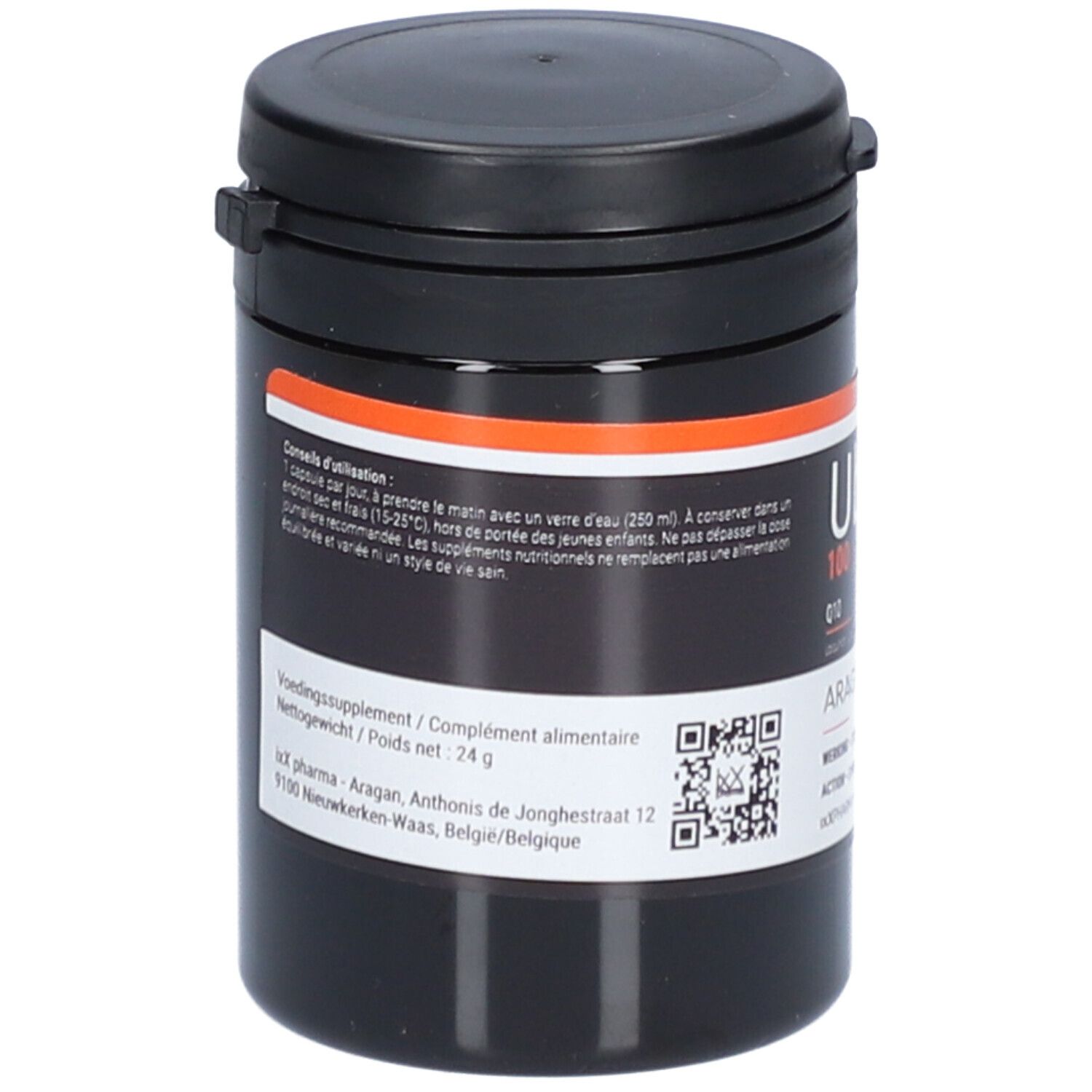 Schwarze Dose mit UbixX 100-Etikett. Enthält Text und QR-Code. Schwarzer Deckel.