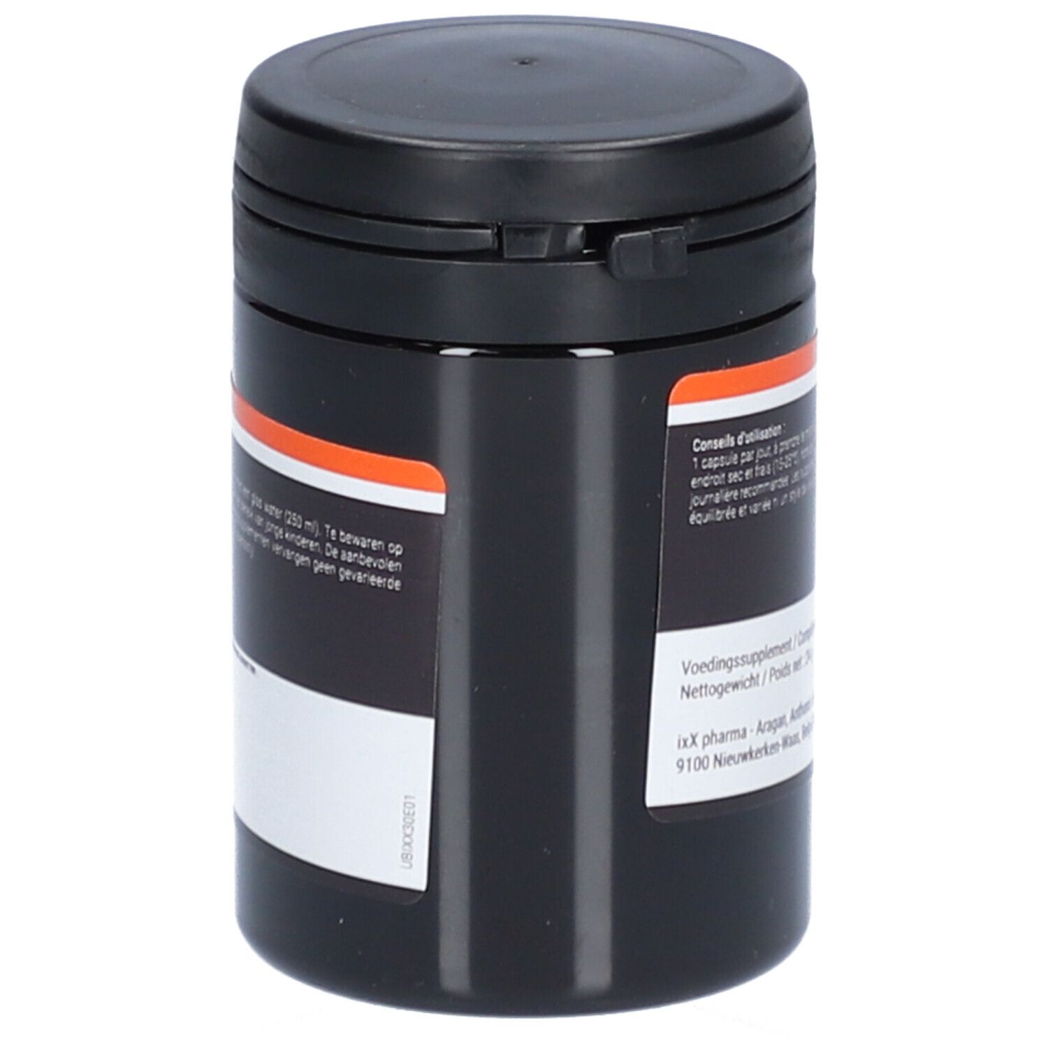 Schwarze Dose mit UbixX 100-Etikett. Schwarzer Deckel. Text und QR-Code.