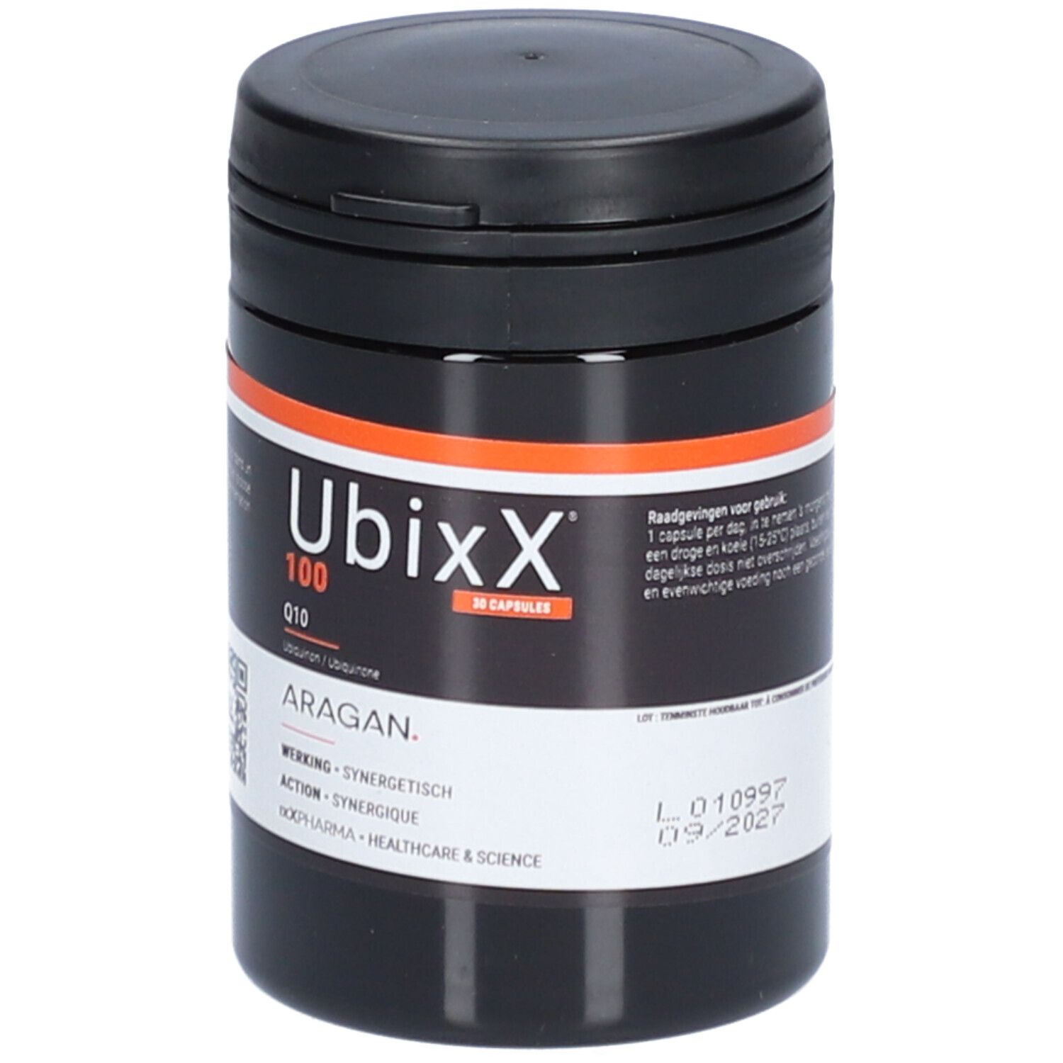 Schwarze Dose mit UbixX 100-Etikett. Orangefarbener Streifen. Enthält 30 Kapseln. QR-Code und Text.