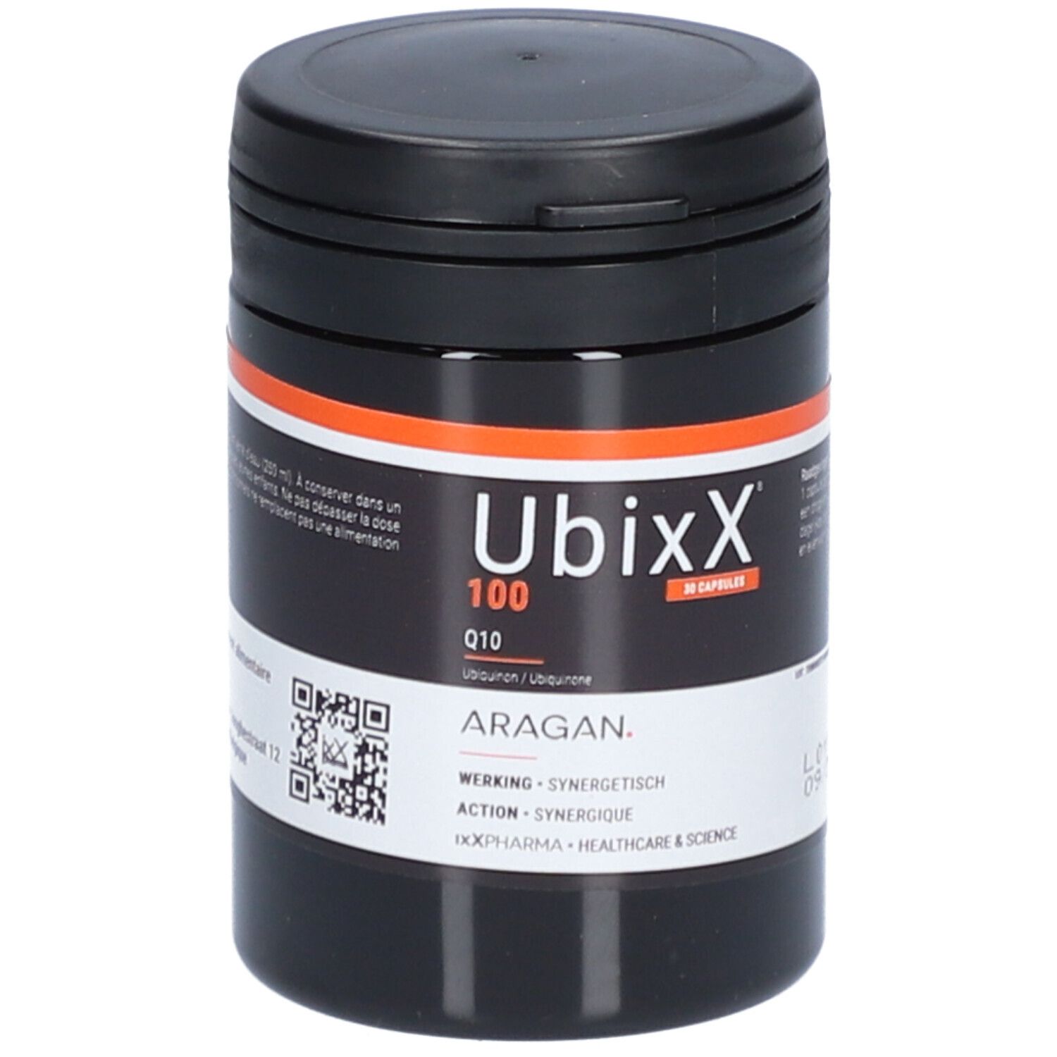 Schwarze Dose mit UbixX 100-Etikett. Orangefarbener Streifen. Enthält 30 Kapseln. QR-Code und Text.