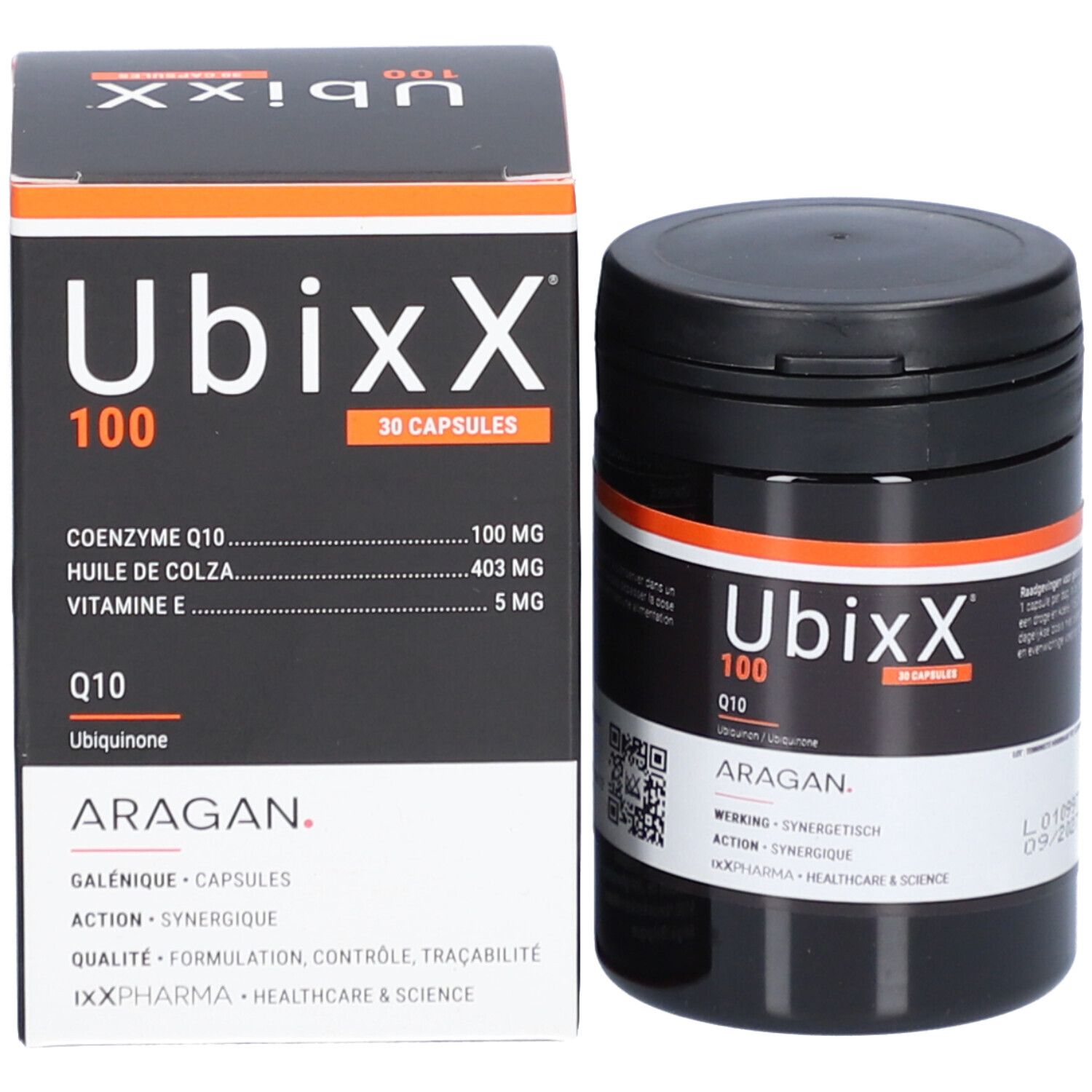 UbixX 100-Packung und Dose. Packung mit Text und Inhaltsangaben. Dose mit 30 Kapseln.