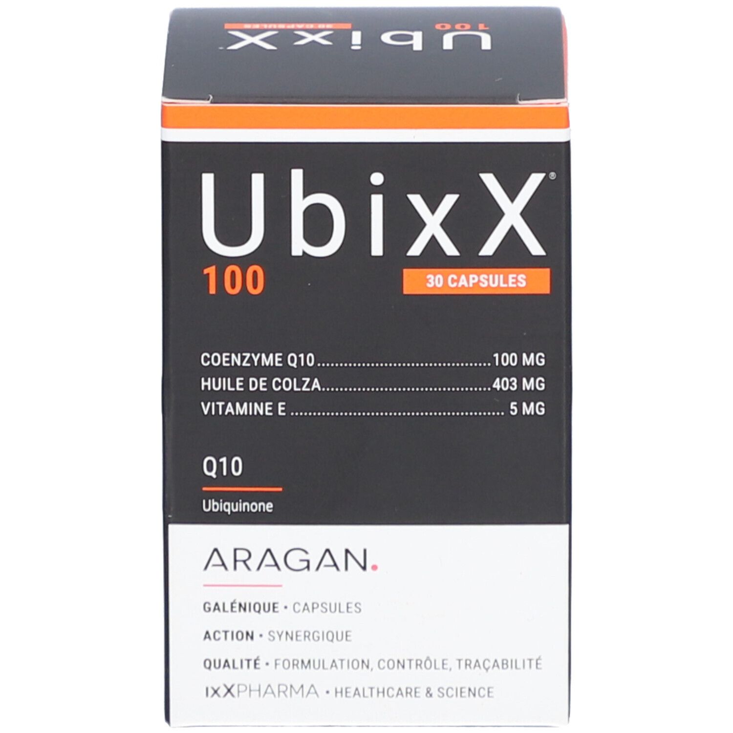 UbixX 100-Packung. Schwarze Verpackung mit Text und Inhaltsangaben. 30 Kapseln.