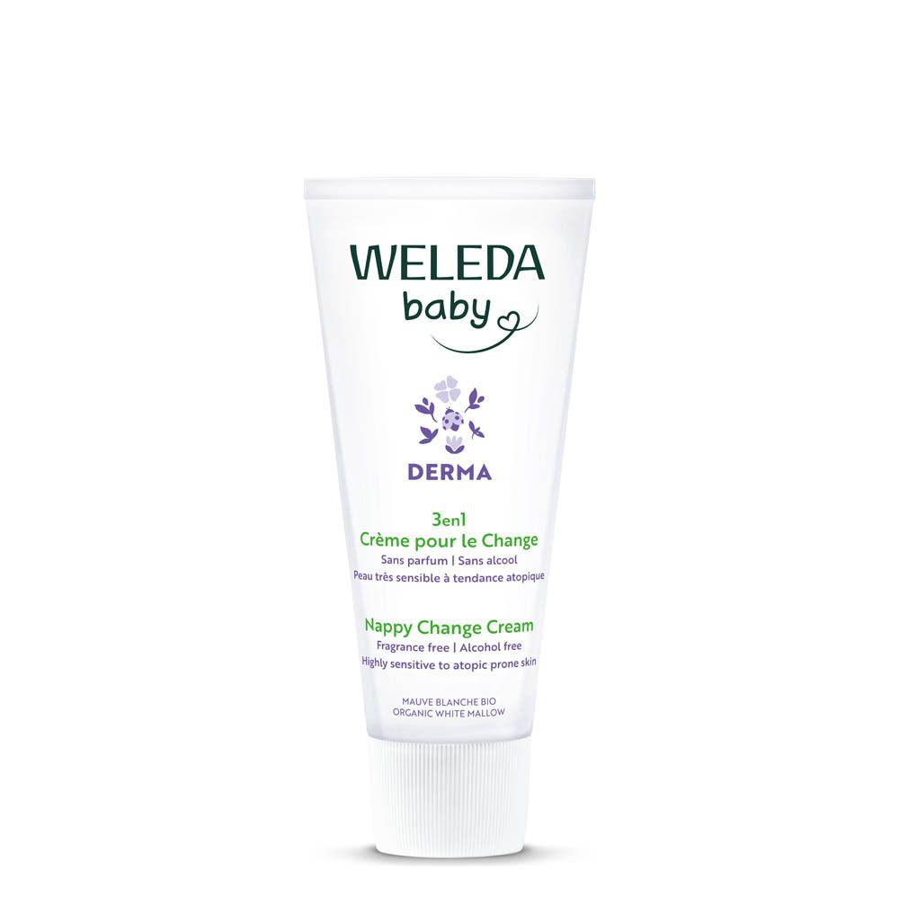 Tube Weleda Baby Derma 3 en 1. Texte: Crème pour le Change, sans parfum, sans alcool. Pour peaux sensibles. Logo floral.