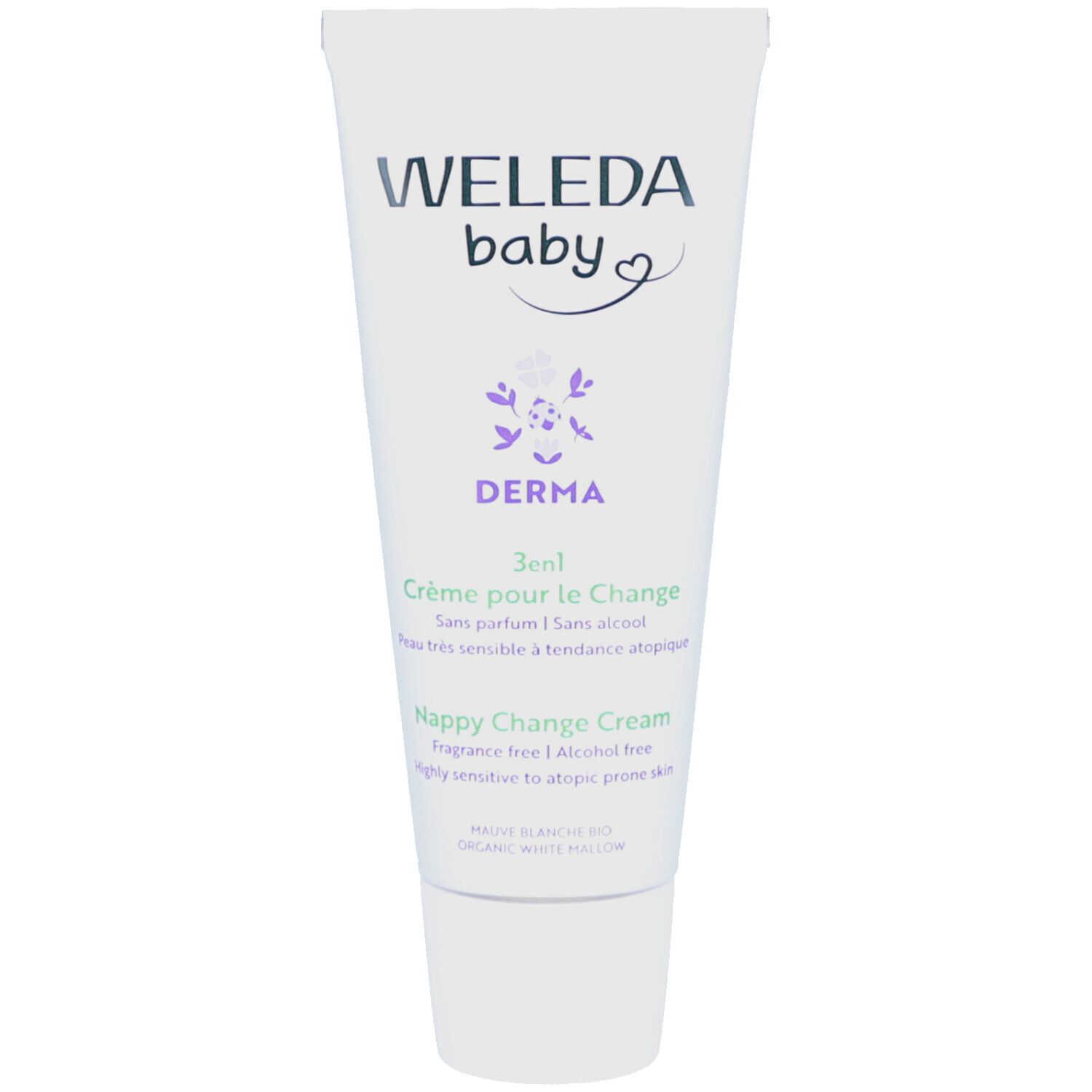 Weleda Baby Derma Crème pour le Change 3 en 1 Tube. Weiß, mit Aufdruck. Text: Derma, 3en1, Nappy Change Cream. Ohne Parfum, Alkohol.
