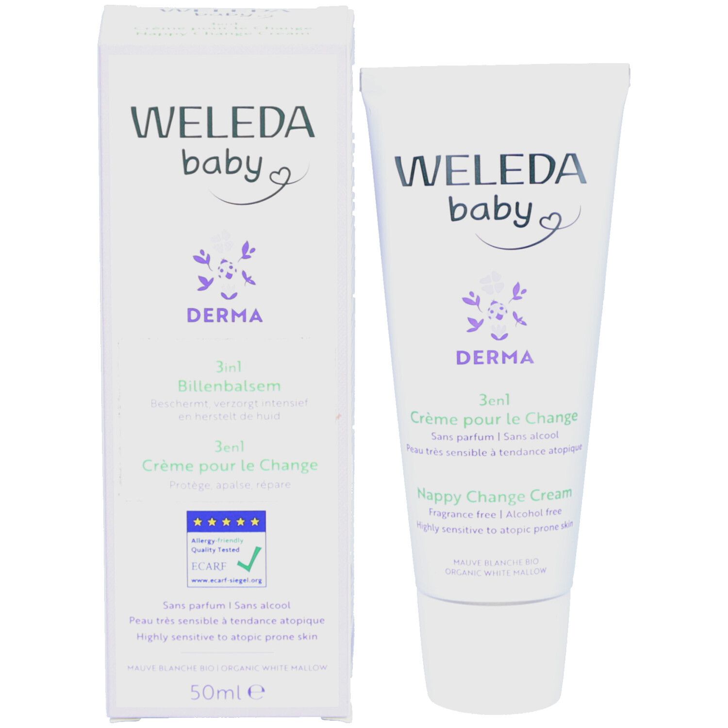 Weleda Baby Derma Crème pour le Change 3 en 1 und Verpackung. Weiß, mit Aufdruck. Text: Derma, 3en1, Nappy Change Cream. 50ml.