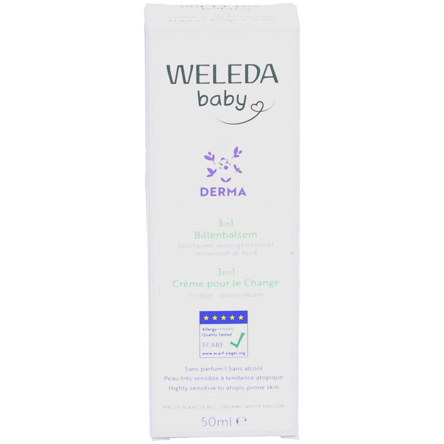 Verpackung Weleda Baby Derma Crème pour le Change 3 en 1. Weiß, mit Aufdruck. Text: Derma, 3en1, Nappy Change Cream. 50ml. ECARF-Siegel.