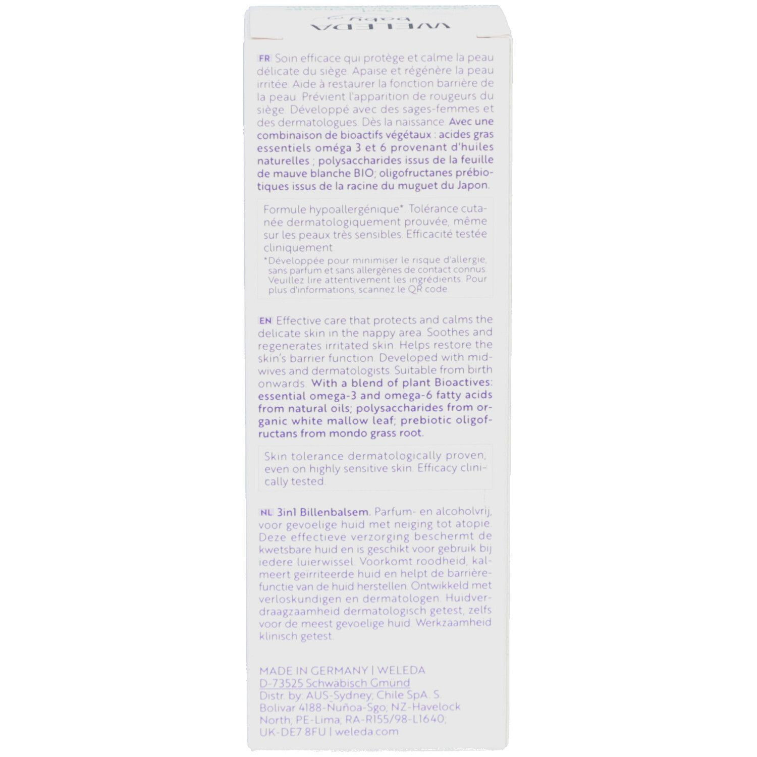 Rückseite der Verpackung Weleda Baby Derma Crème pour le Change 3 en 1. Text: Produktbeschreibung in mehreren Sprachen. Weiß.