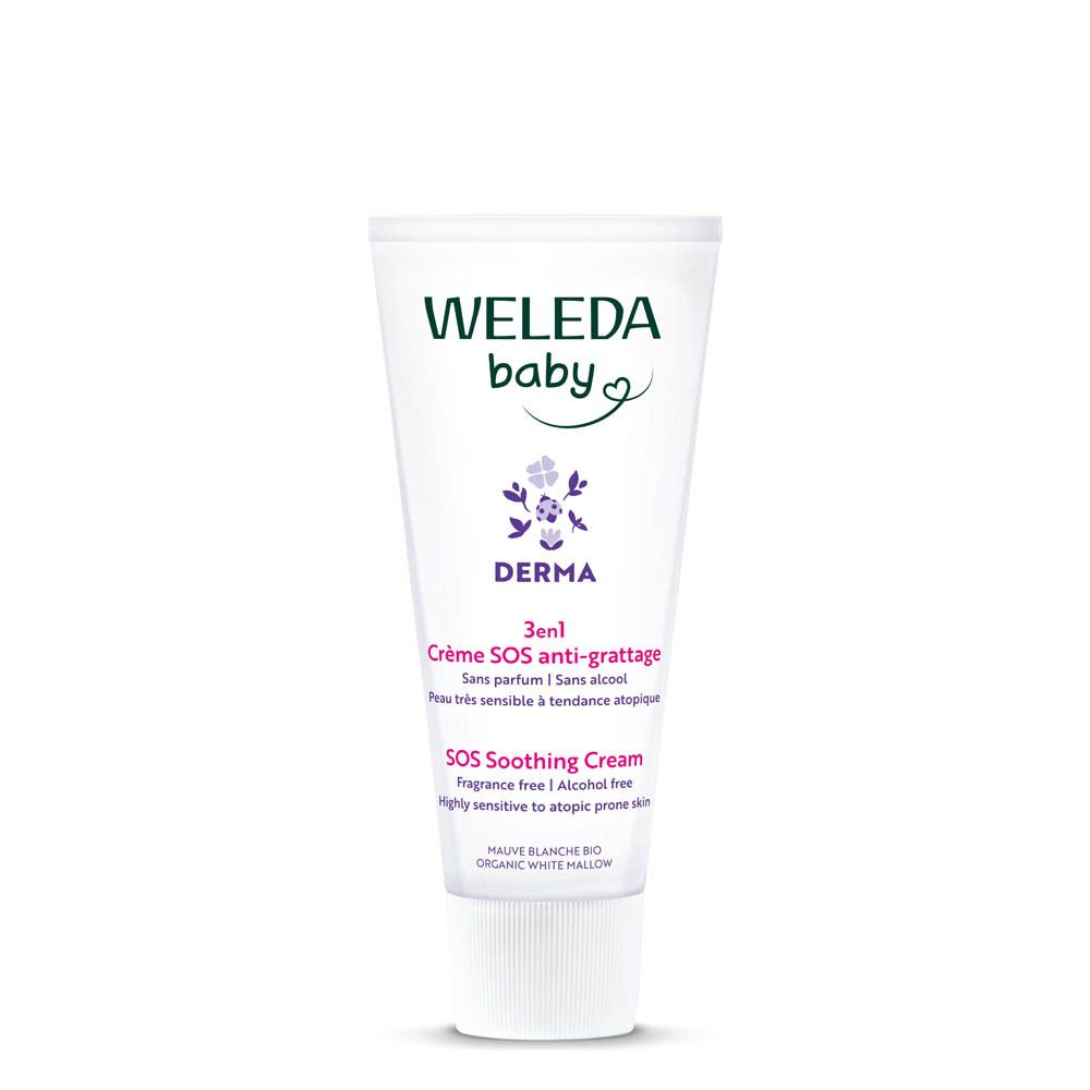 Tube Weleda Baby Derma Crème SOS anti-grattage 3 en 1. Blanc, texte: Derma, SOS Crème, sans parfum, sans alcool. Fleur violette.