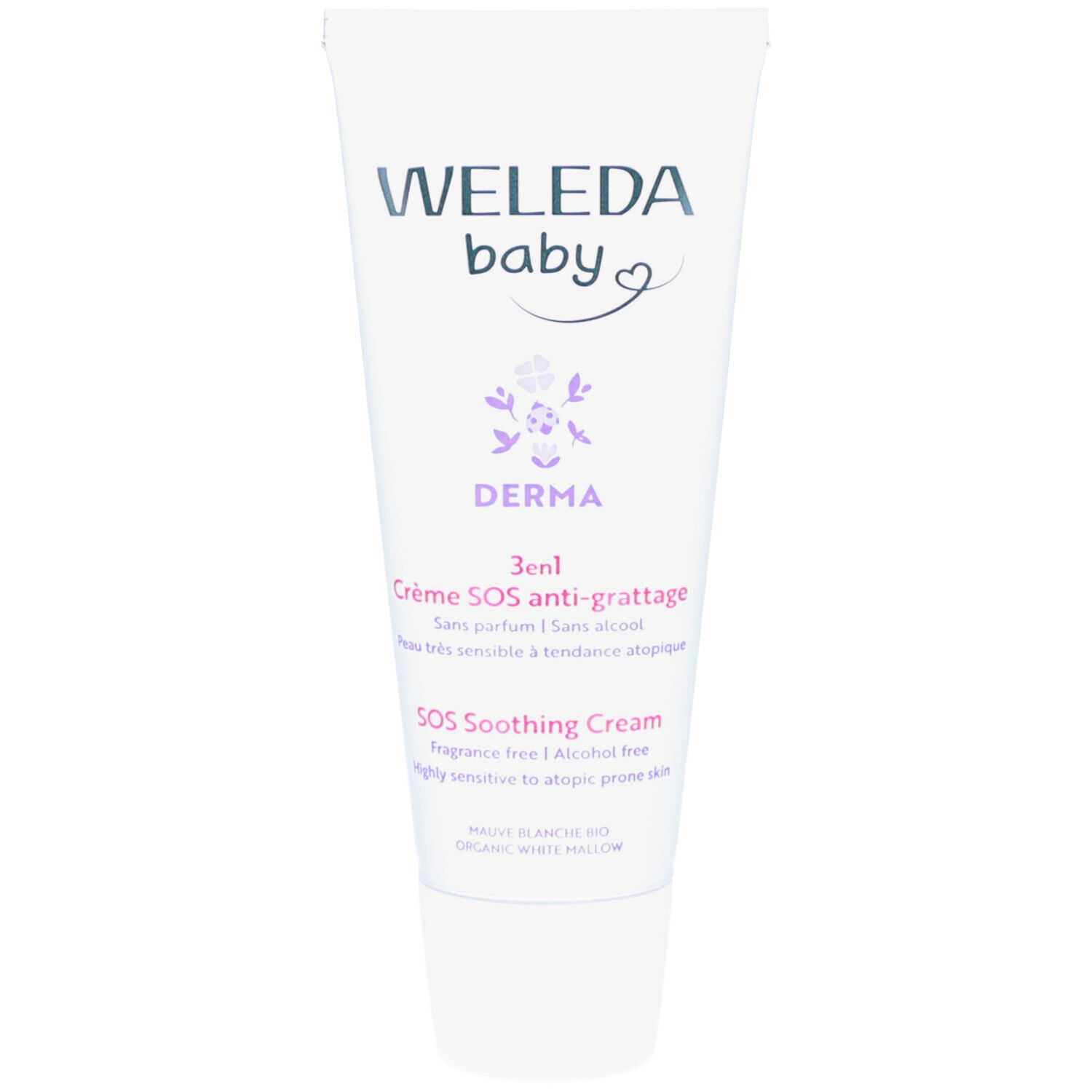 Weleda Baby Derma Crème SOS anti-grattage 3 en 1 Tube. Weiß, mit Aufdruck. Text: Derma, SOS Crème, sans parfum, sans alcool.