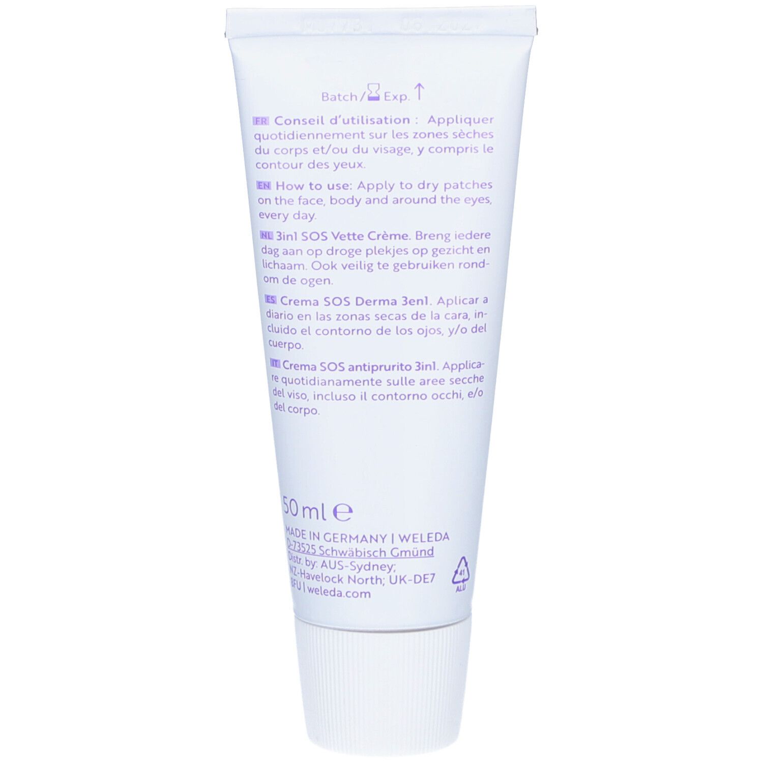 Rückseite der Weleda Baby Derma Crème SOS anti-grattage 3 en 1 Tube. Text: Anwendung, Inhaltsstoffe, 50ml, hergestellt in Deutschland.