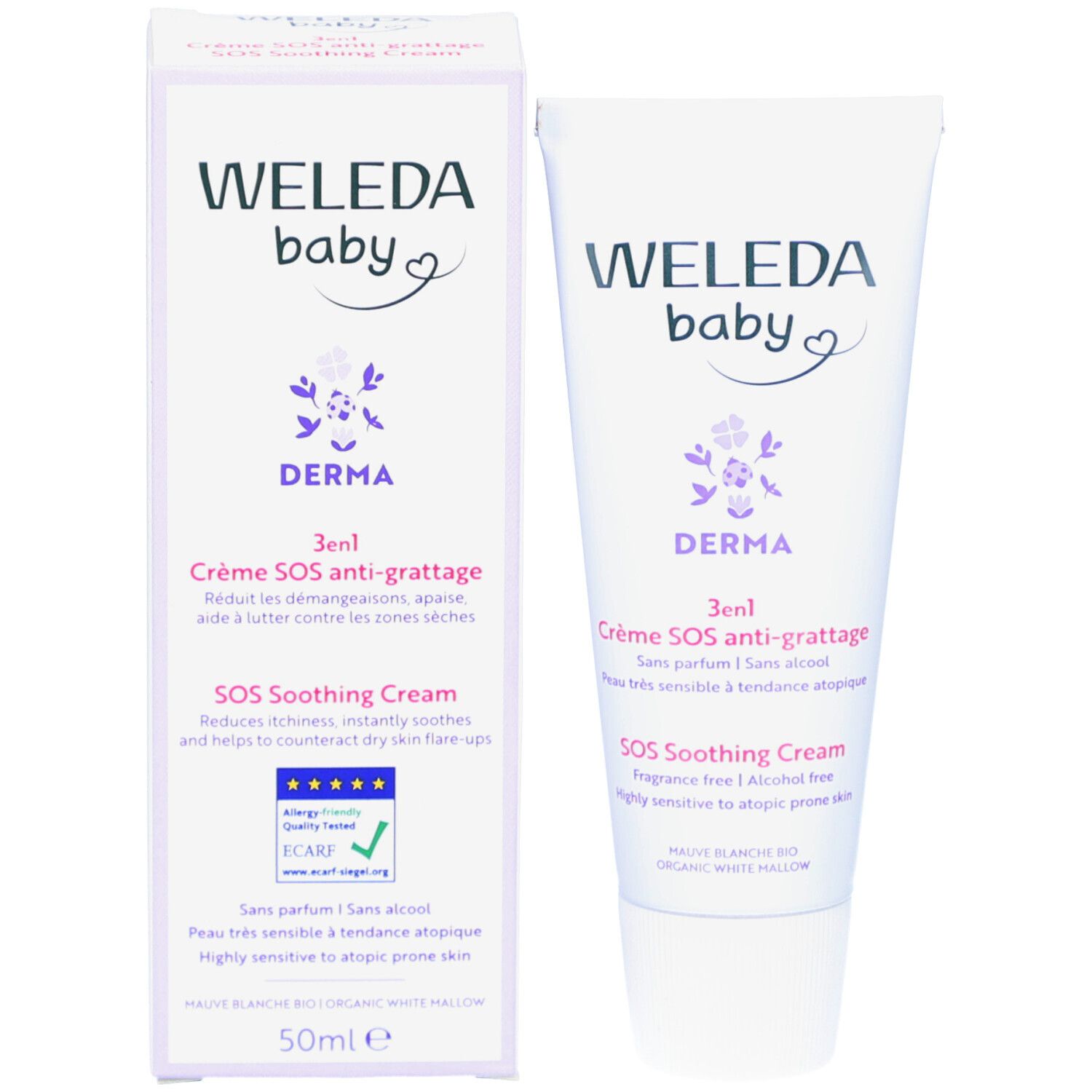 Weleda Baby Derma Crème SOS anti-grattage 3 en 1 Tube und Verpackung. Weiß, mit Aufdruck. Text: Derma, SOS Crème, sans parfum, sans alcool.