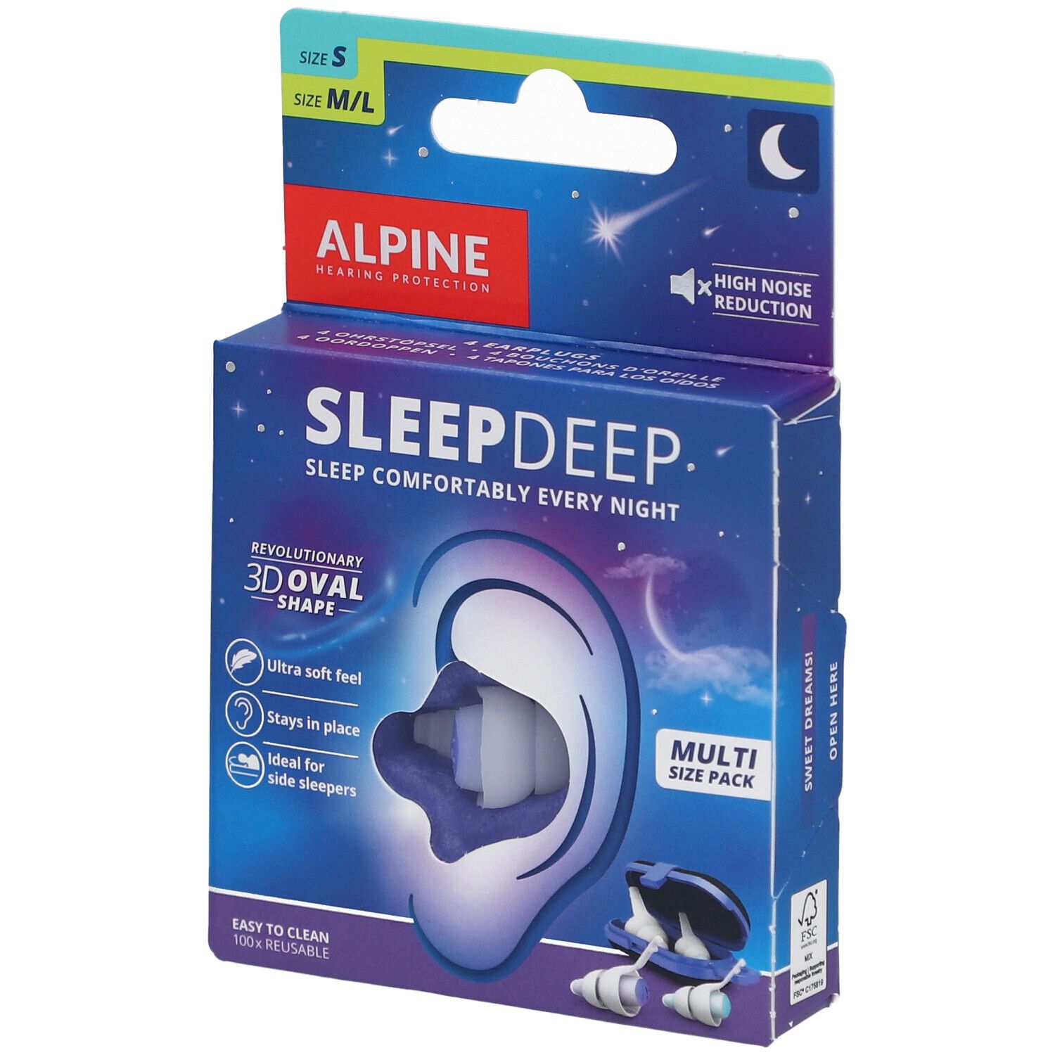 Ohrstöpsel-Packung. Alpine, SleepDeep. Mehrere Größen. Reduziert Geräusche. 3D-Ovalform. Wiederverwendbar.